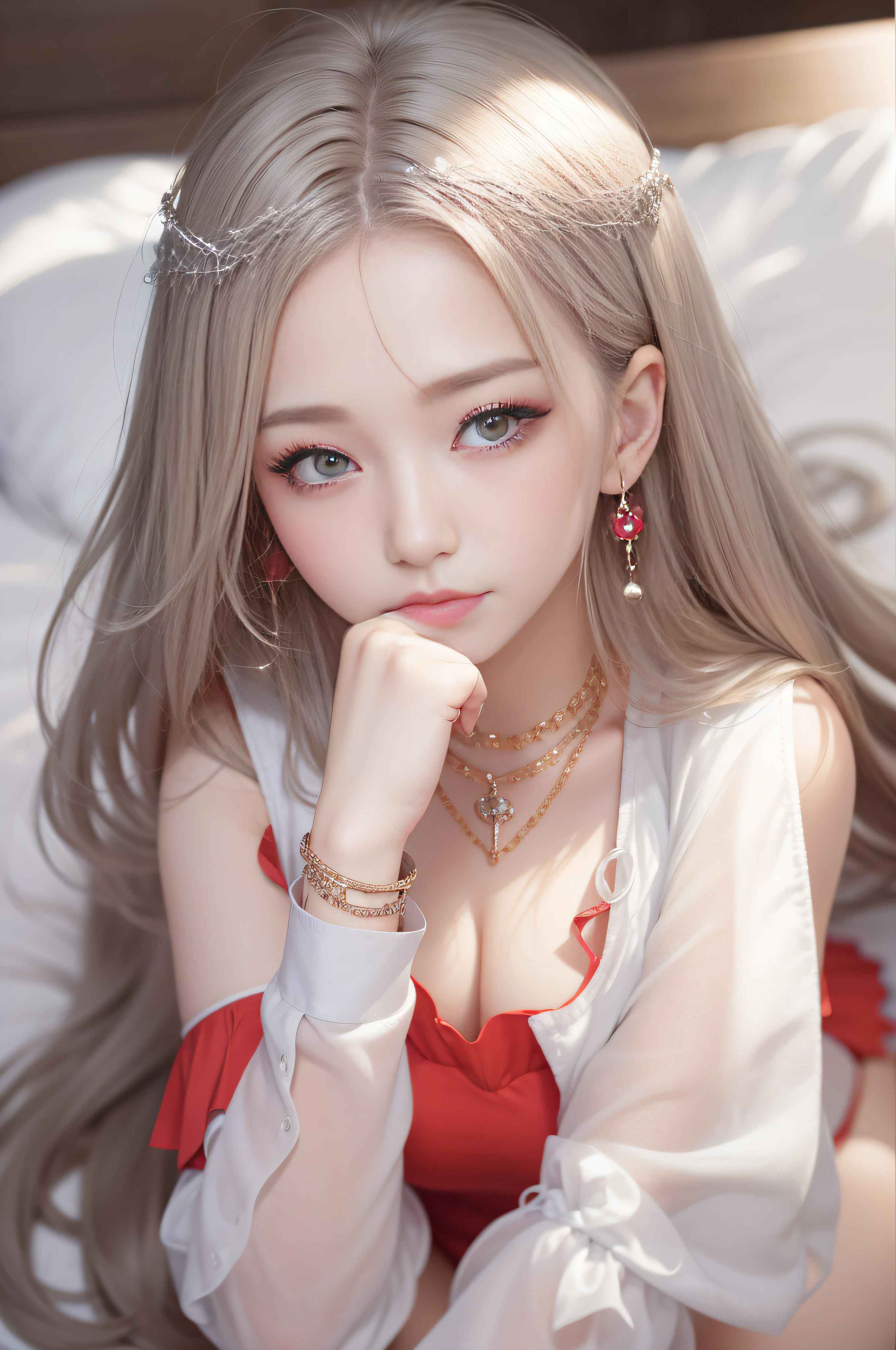 Background with、high-level image quality、Red dress、a miniskirt、T back、pantyhose、Looking at the camera、an elegant woman、耳Nipple Ring、A bracelet、Colossal tits、a necklace、Slim waist、sexypose、seductiv、(top-quality、tmasterpiece:1.2)，teens girl，white color hair、slick skin、Beautiful mouth、smooth legs、Busty body，On-bed，Riding position，Visible on the back，Butt visible，