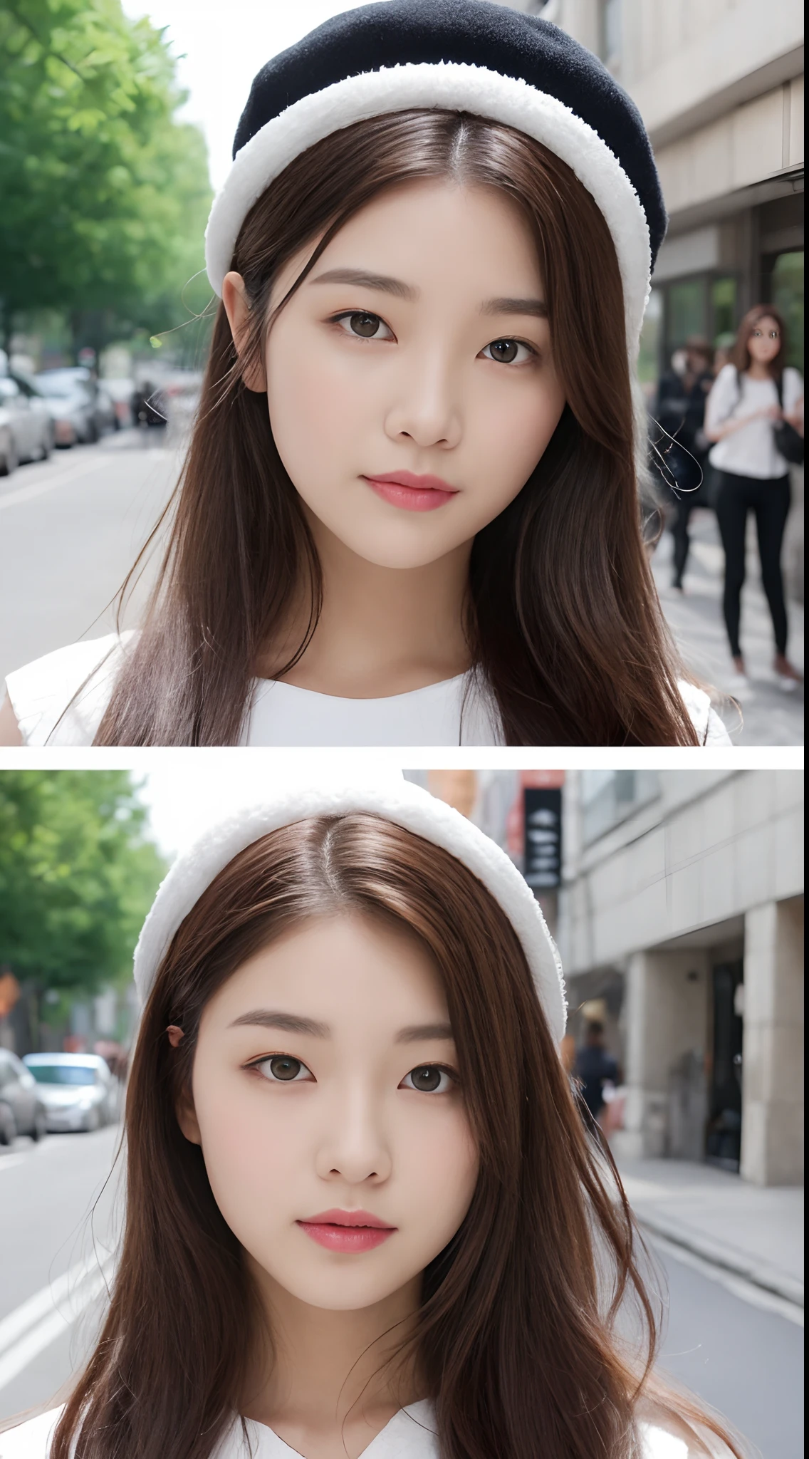 ((best qualtiy,8K,tmasterpiece:1.3)),(Flower Cap:1.3),Perfect beauty:1.4,glute:1.2,(Layered Hair Style:1.2)),(the street:1.3),Highly Detailed Face and Skin Textur,full bodyesbian,Elaborate Eyes,二重まぶた,Whitens the skin,longwavy hair,Cute Korean beauty(with a round face:1.5),(Loose top,shorter pants:1.6)