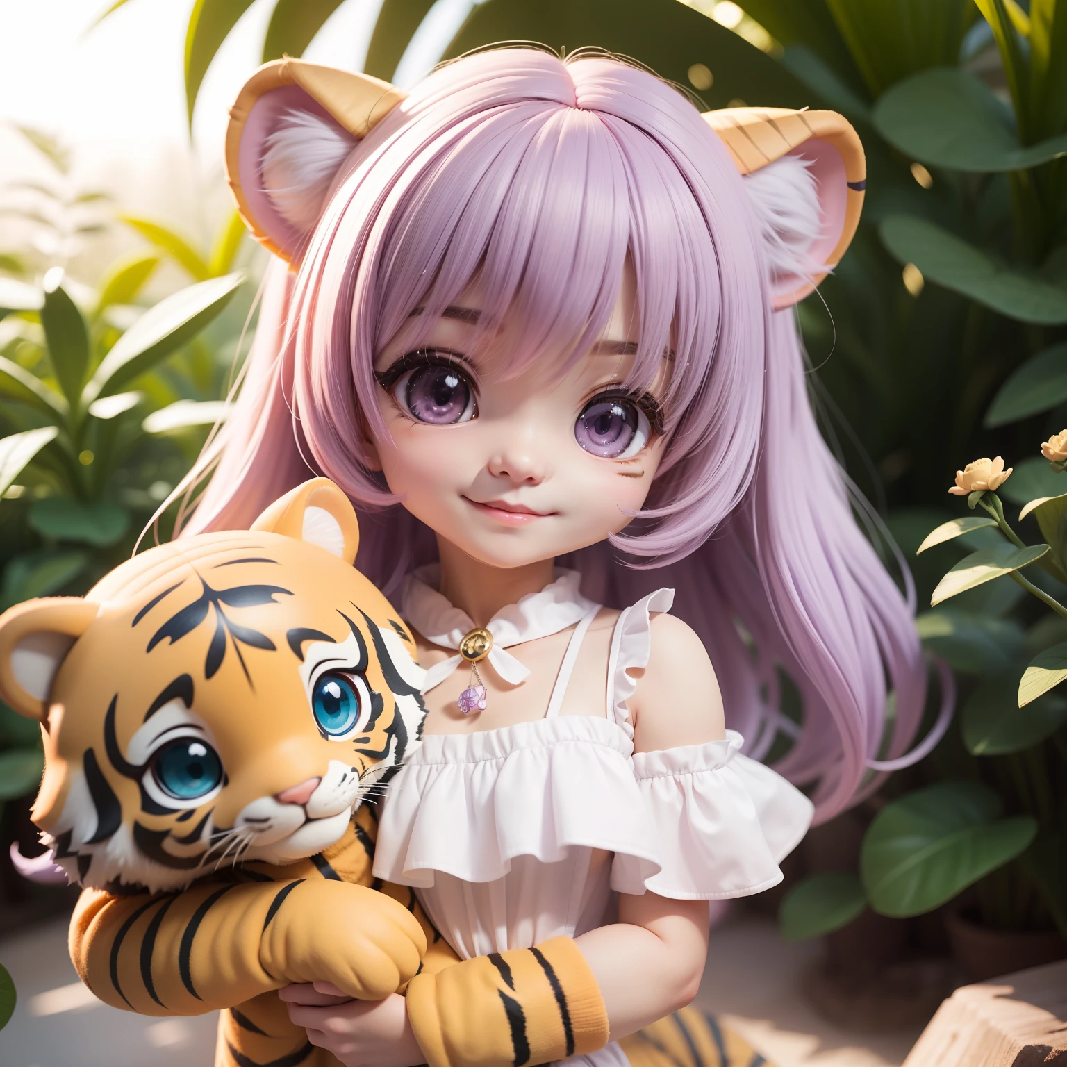 Cute Chibi Anime、(((Chibi 3D))) (Best Quality), (masutepiece)、Light Purple Hairstyles、Chibi Showhouse、A detailed face、relax、Tiger ears、Urusei Yatsura no Ram-chan、banya、Hug a fluffy baby tiger、sf、naturey、Watching the buffalo, cute little、Mofumofu、White-purple hair、Devil's Child、A smile、Cute girl hugging a tiger tightly、Of course, Tramochibi Show House Specifications