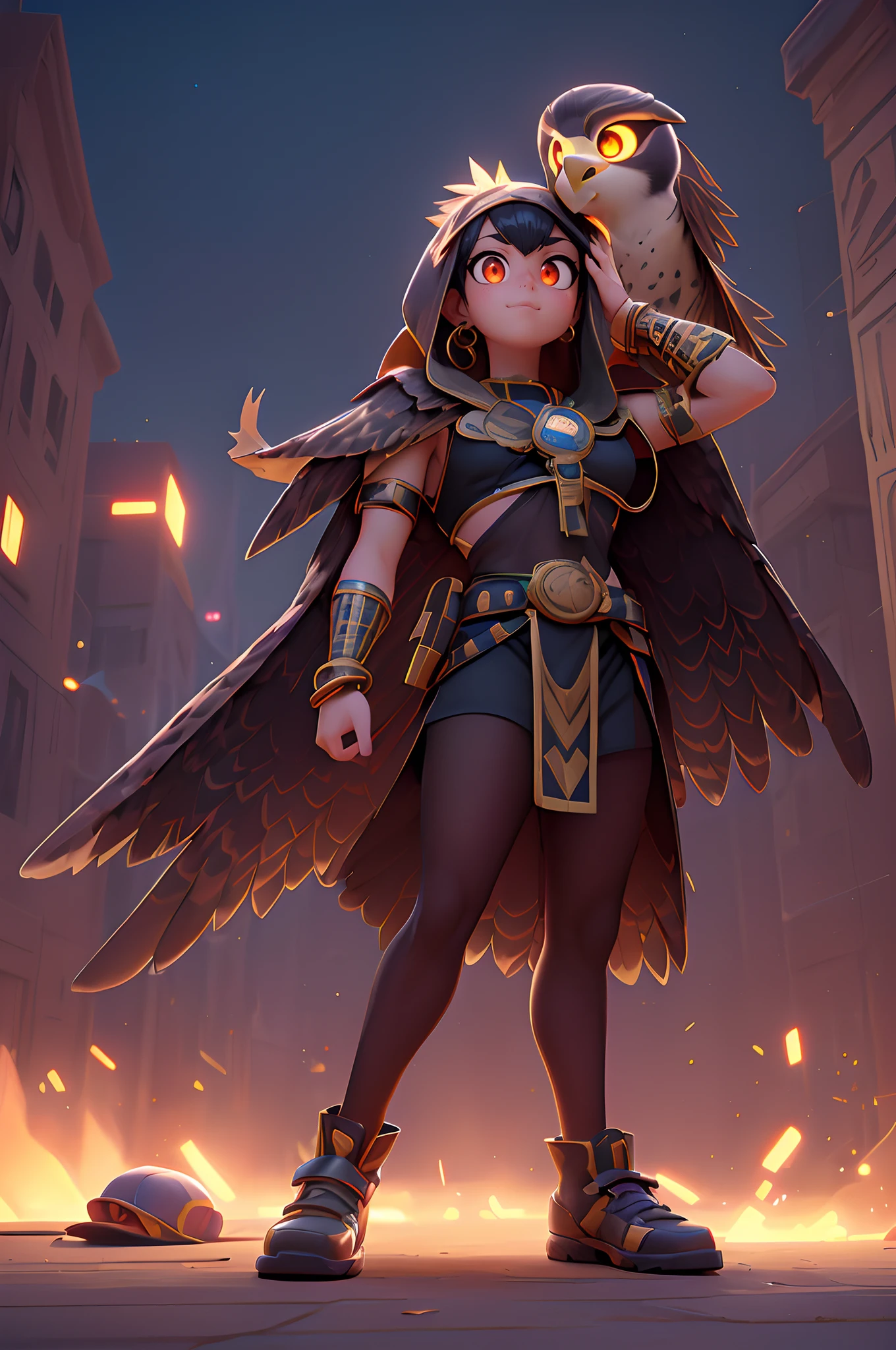 (Dynamic Angle:1.4), ((Full body posing:1.5), (Colorful:1.2), (Highly detailed CG Unity 16K wallpaper:1.1), (Denoising strength: 1.45), (tmasterpiece:1.37), ((Official art)), of the highest quality, (Realistic), ember, (Red-black hair:1.2),(Costume of the god Horus:1.4),,Glowing eyes,(Red Eyes:1.2),((Poses in motion:0.9)),((Costume of the god Horus:1.3)),wires, (LED:1.3), (a hologram:1.2),(Peregrine falcon head,Hats:1.3), Streets of Egypt, Streets of Egypt, (Night:1.2), (Rainbow Model:1.2), 8K resolution, (Anime style:1.3), Cinematic lighting, chromatic abberation, spark of light, Ray tracing, blending, ultra wide-angle, Hasselblad, (masutepiece), (masutepiece), ((Best Quality)), ((masutepiece)), nffsw