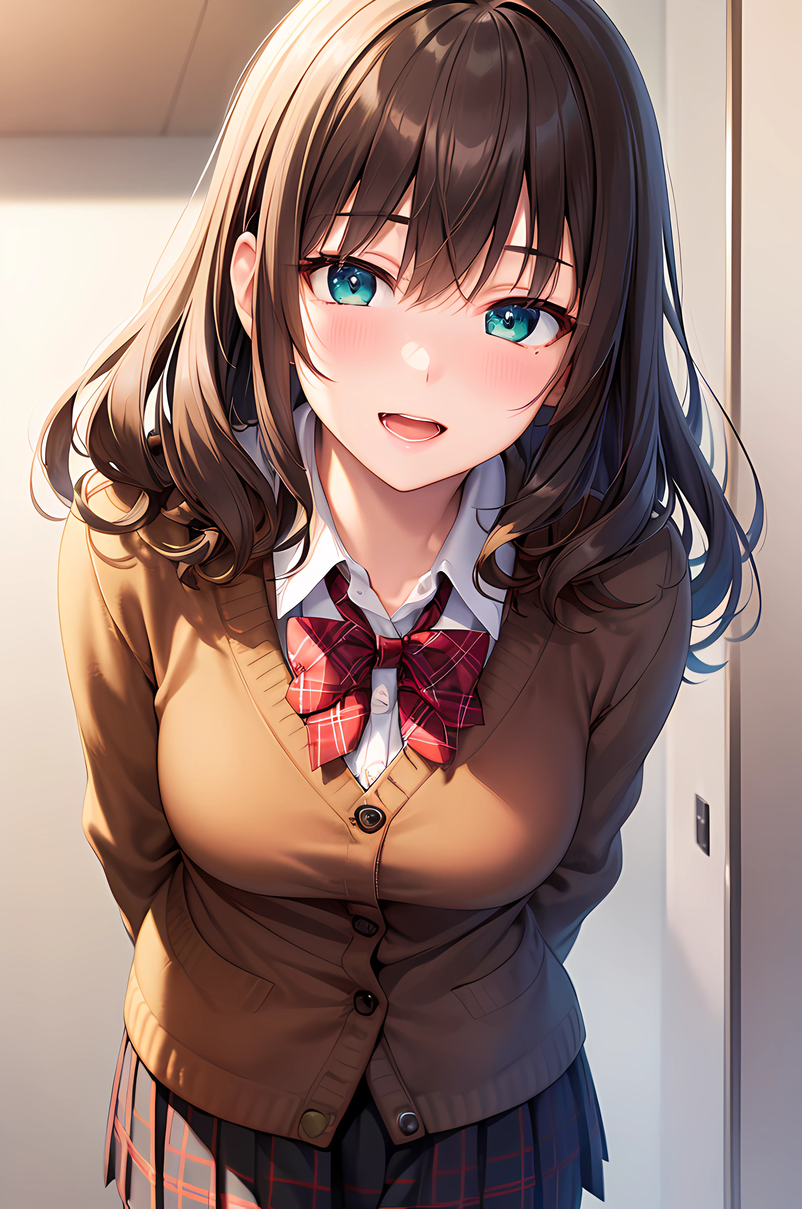 ((masterpiece, best quality, highres, UHD, perfect pixel, depth of field, 4k, RTX, HDR))), 1girl, single, solo, beautiful anime girl, beautiful artstyle, anime character, ((long hair, bangs, dark brown hair, curly hair:0.8)), ((green eyes:1.4, detailed eyes, beautiful eyes, perfect eyes,curly eyelashes, realistic eyes)), ((detailed face, blushing:1.2)), ((smooth texture:0.75, realistic texture:0.5, anime CG style)), medium breasts, dynamic angle, busty, perfect body, dynamic pose, ((red bowtie, school uniform, black jacket, open jacket, brown cardigan, white shirt, black skirt, plaid skirt)), smile, open mouth, arms behind back, leaning forward