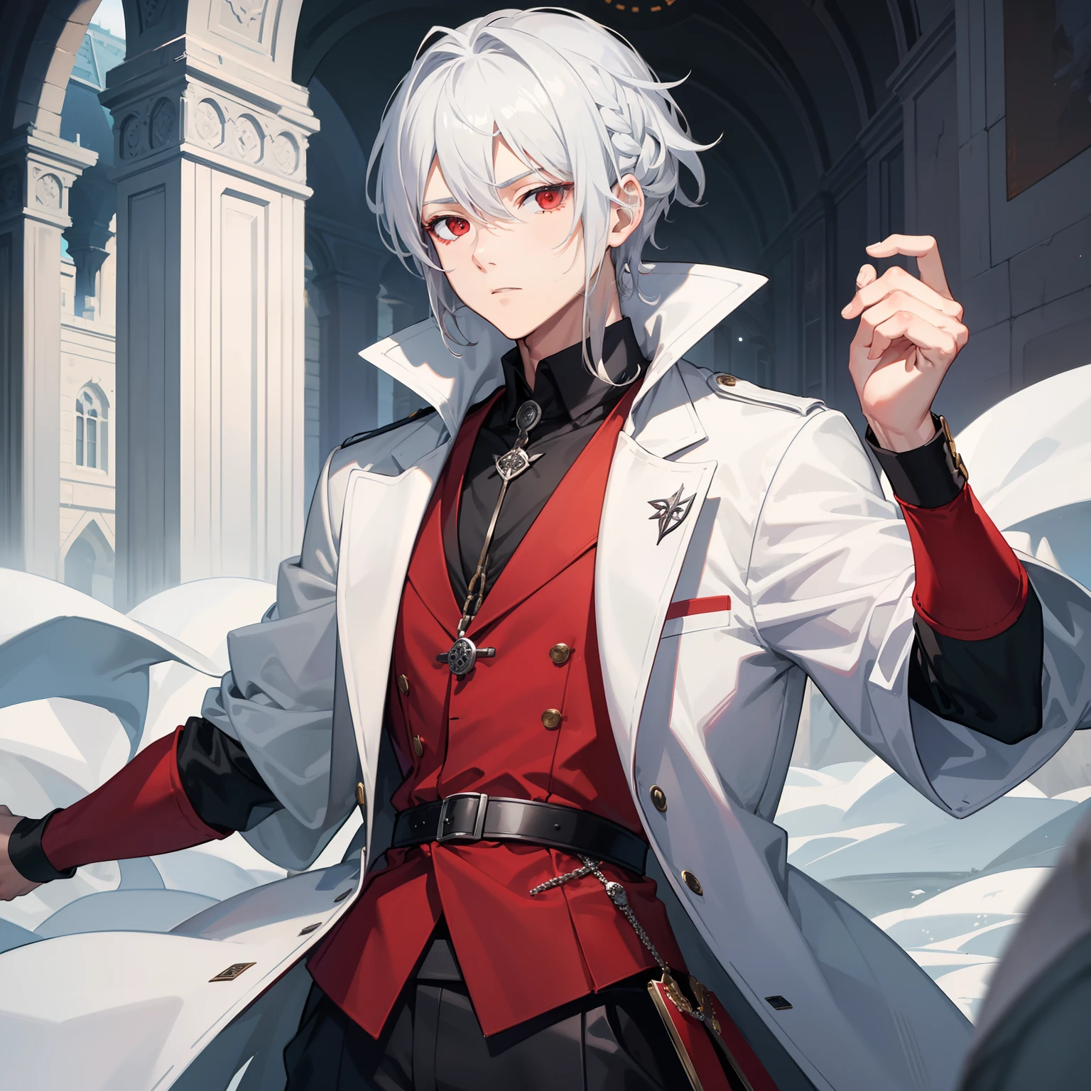 top-quality，One Boy，male people，Silver hair tied into one at the back，Red eyes，manly face，cool expression，Manteau blanc，physician，Castles