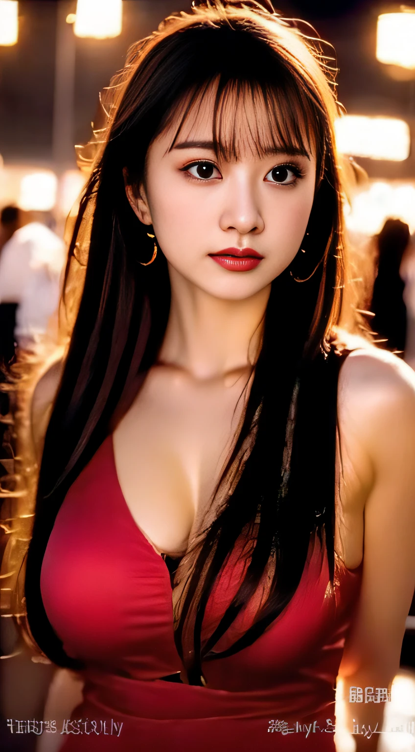 top-quality。8K-Picture。Ultra-high pixel。The background is the city at night。girl with。hair is long and slightly wavy,,,,,,,,,,,,,,,,,,,,,,,,,,,,,,,,,,,,,,,,,,,,,,,,,,,,,,,,,,,,,,,,,,,,,,,,,,,,,,,,,,,,,,,。The color is dark brown。Glamour style、((huge-breasted:1.8))。wearing red dress、Photos dancing brilliantly。Delicate finish overall。The body line is gorgeous。legs are long、Wear red high heels。((Hair shines like a reflection of the street。The eyeball reflects the surrounding landscape。The skin is wet with night dew))。Almost perfect woman。((time々In close-up of the upper body))。The second highlighted part々I want you to express it in close-ups。