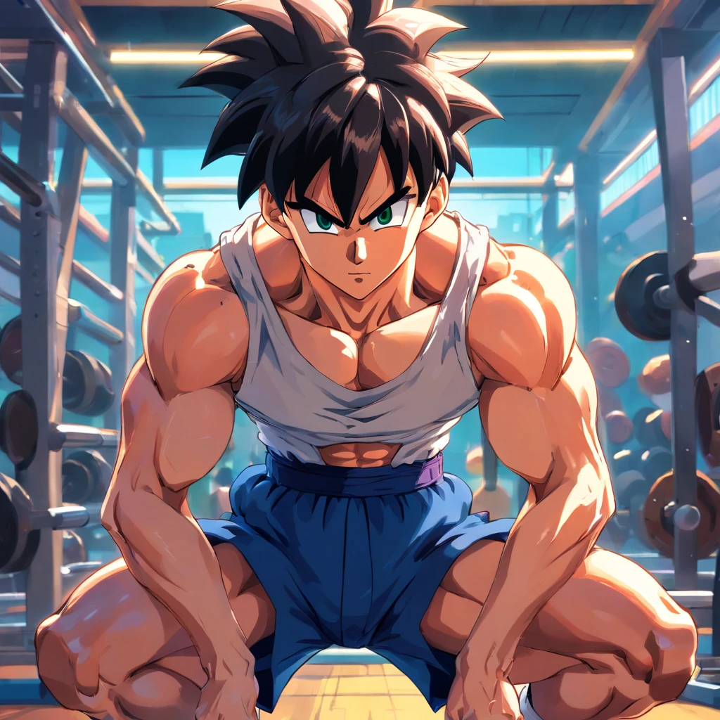 (detailed illustration,Trunks,Dragon Ball Z,working out, gym,bodybuilding gymnasium,full body),(oil painting,sketch),(muscular,athletic,fit,intense training),(sweating,exhausted,exerting),(energetic, dynamic),(colorful,vibrant,contrast),(bright, vivid lighting)