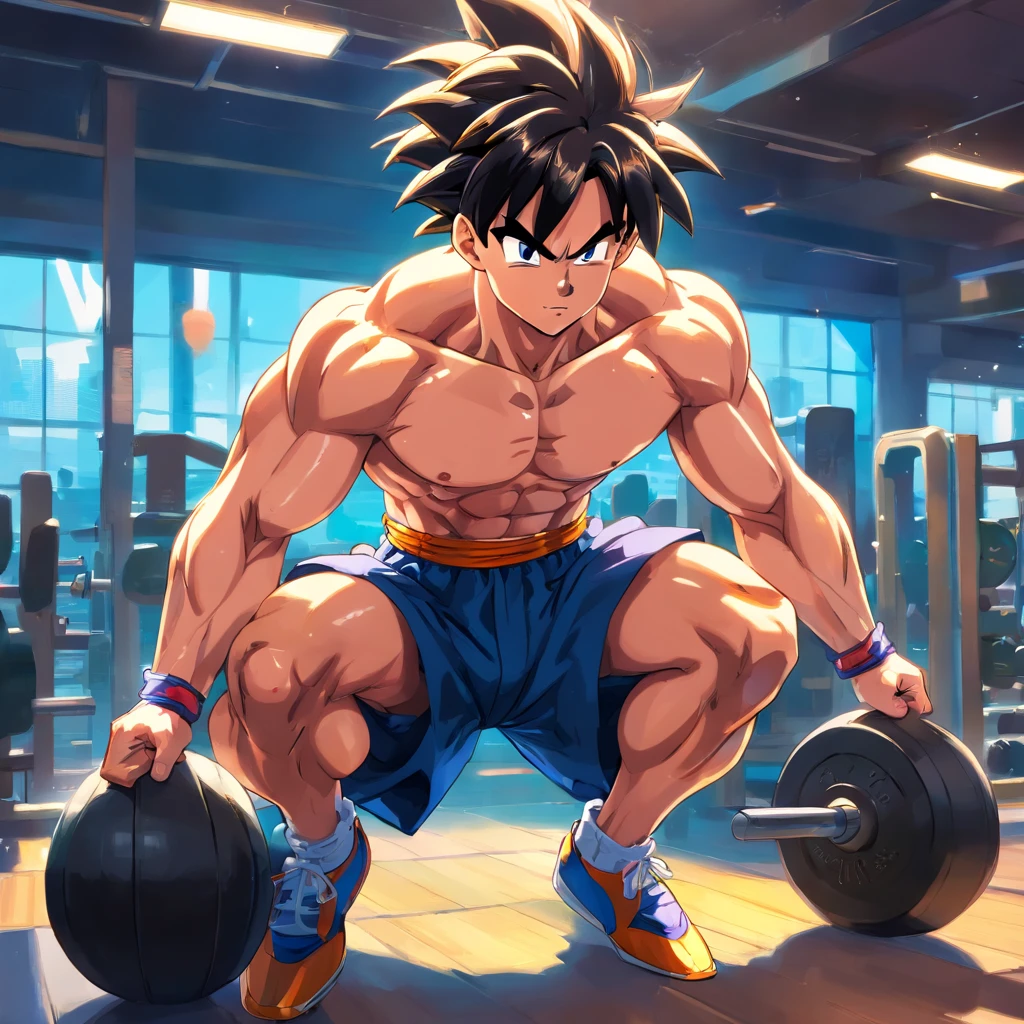 (Detailed illustration,swimsuit,dragon ball Z,working out, gym,bodybuilding gymnasium,Whole body),(oil painting,Sketch),(muscular,athletic,fit,intense training),(perspiration,Exhausted,working out),(energetic, dynamic),(showy,Vibrant,contrast),(bright, vivid lighting)