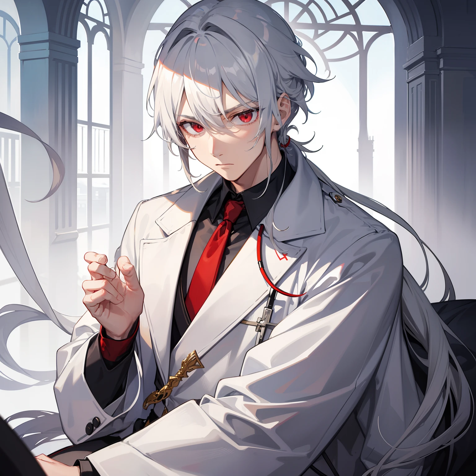 top-quality,One Boy,male people,Silver hair tied into one at the back,Red eyes,manly face,cool expression,Manteau blanc,physician,Castles