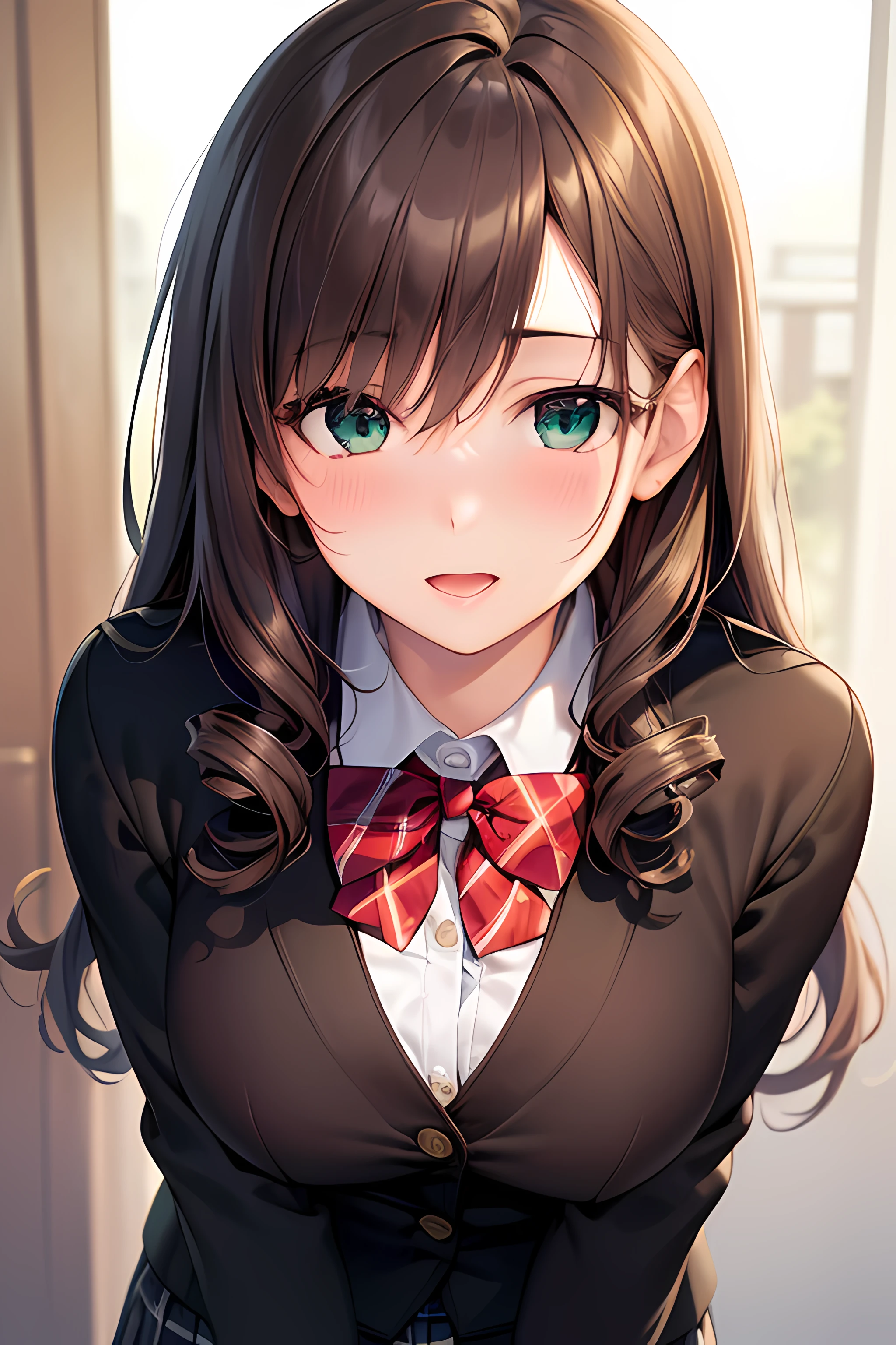 ((masterpiece, best quality, highres, UHD, perfect pixel, depth of field, 4k, RTX, HDR))), 1girl, single, solo, beautiful anime girl, beautiful artstyle, anime character, ((long hair, bangs, dark brown hair, curly hair:0.8)), ((green eyes:1.4, detailed eyes, beautiful eyes, perfect eyes,curly eyelashes, realistic eyes)), ((detailed face, blushing:1.2)), ((smooth texture:0.75, realistic texture:0.5, anime CG style)), medium breasts, dynamic angle, busty, perfect body, dynamic pose, ((red bowtie, school uniform, black jacket, open jacket, brown cardigan, white shirt, black skirt, plaid skirt)), smile, open mouth, arms behind back, leaning forward, ((close up, POV, cute, shoot on face))