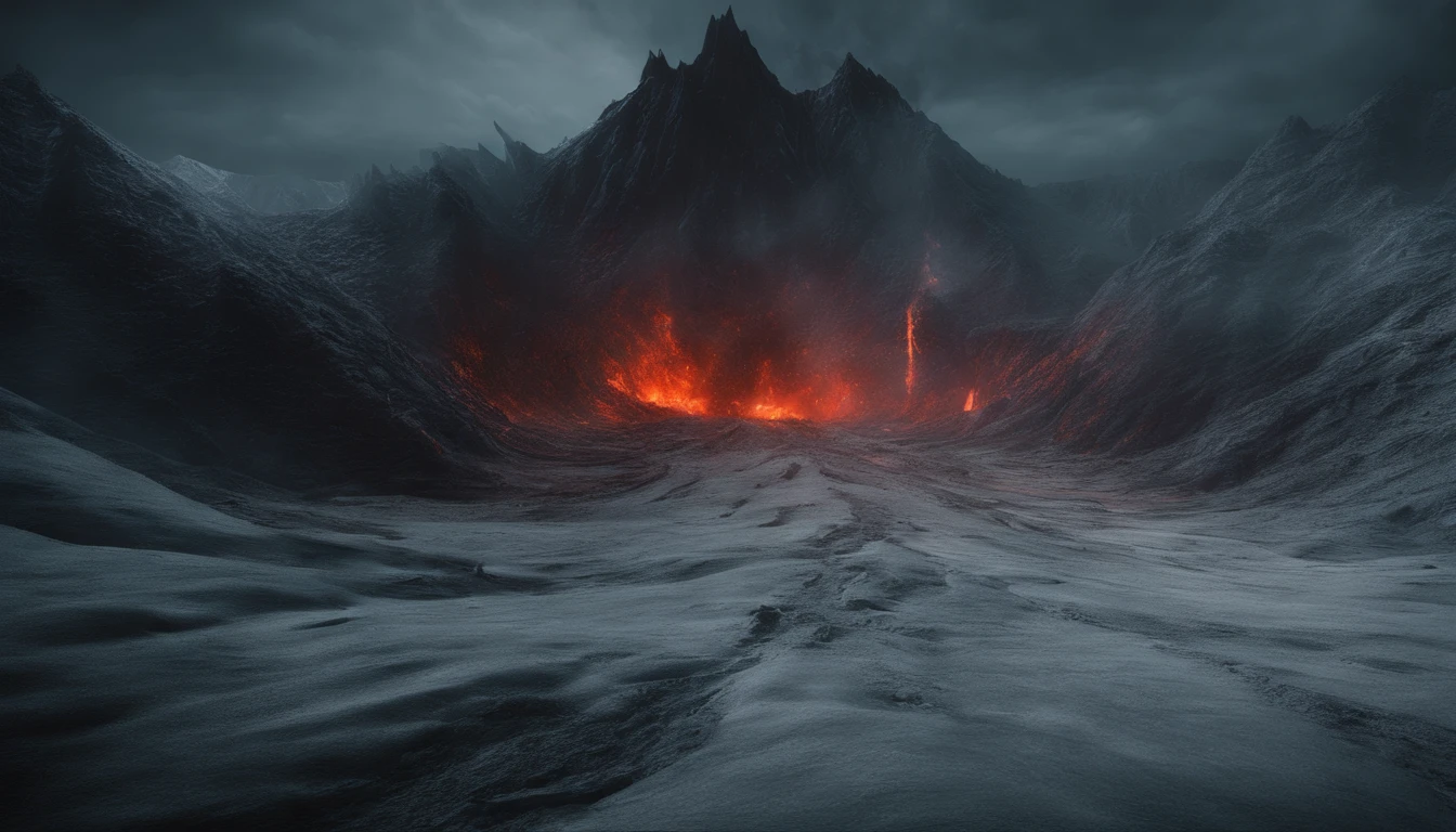 (masterpiece:1.2), best quality, (octane render:1.3), Dramatic volcanic landscapes, serene mountainscapes, (snow mountains), (vivid colours:1.3)