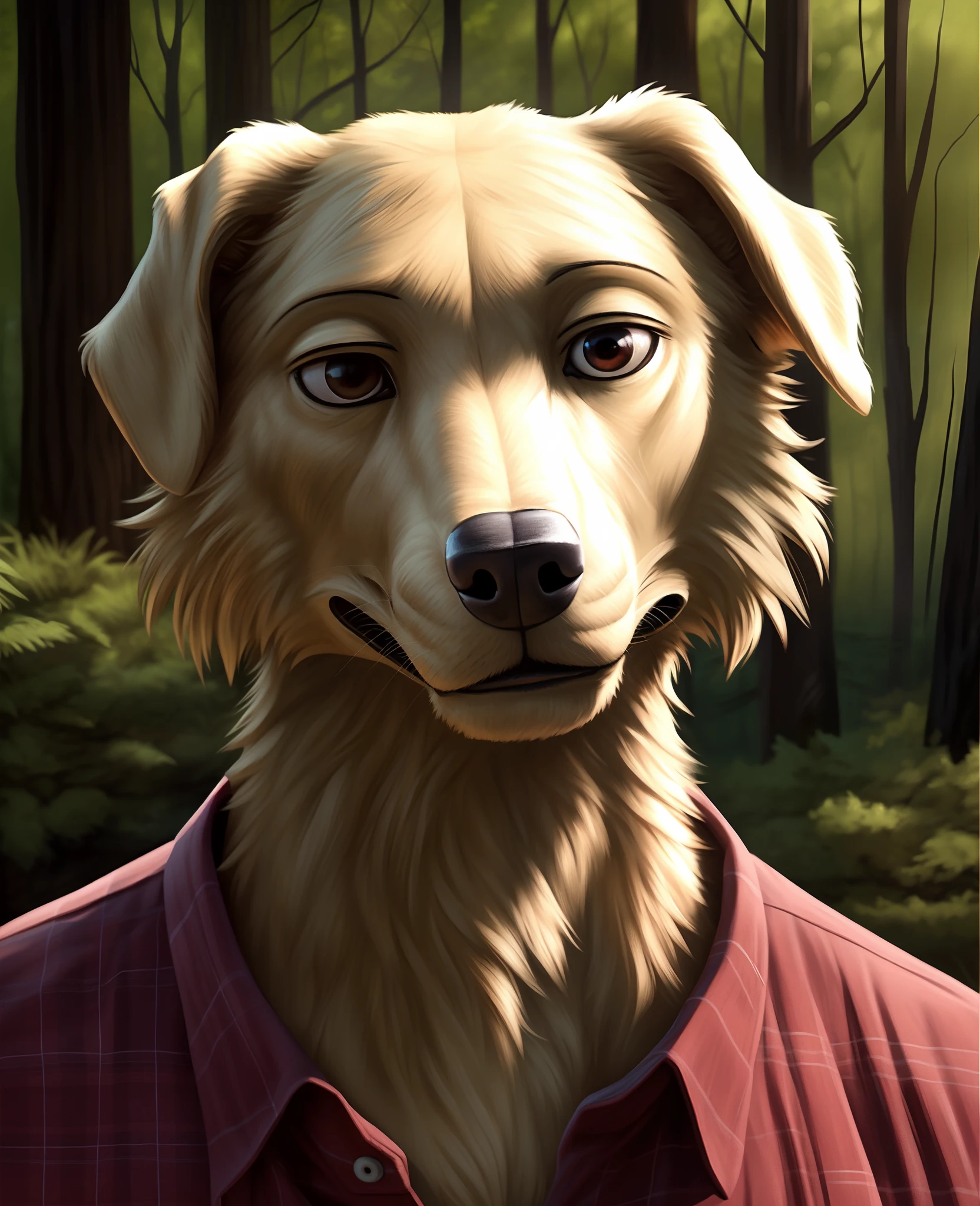 jack(beastars), labrador, canine , lifelike realistic, anatomically_correct , hyperrealistic realistic , woods forest detailed_background, masterpiece, best quality,