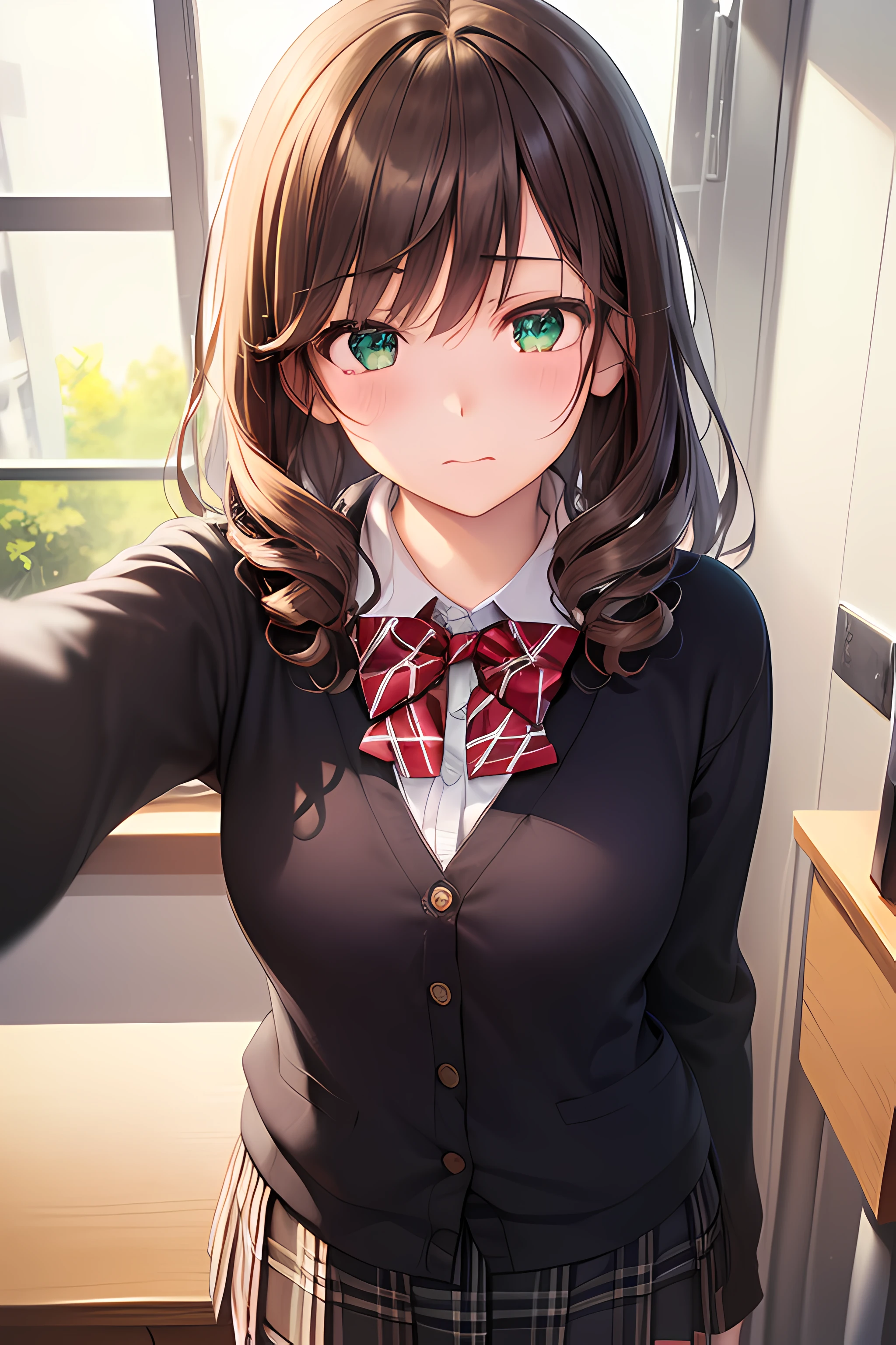 ((masterpiece, best quality, highres, UHD, perfect pixel, depth of field, 4k, RTX, HDR))), 1girl, single, solo, beautiful anime girl, beautiful artstyle, anime character, ((long hair, bangs, dark brown hair, curly hair:0.8)), ((green eyes:1.4, detailed eyes, beautiful eyes, perfect eyes,curly eyelashes, realistic eyes)), ((detailed face, blushing:1.2)), ((smooth texture:0.75, realistic texture:0.5, anime CG style)), medium breasts, dynamic angle, busty, perfect body, dynamic pose, ((close up, POV, cute, shoot on face)), ((school uniform, black jacket, black skirt, white shirt, red bowtie, cardigan, plaid, skirt))