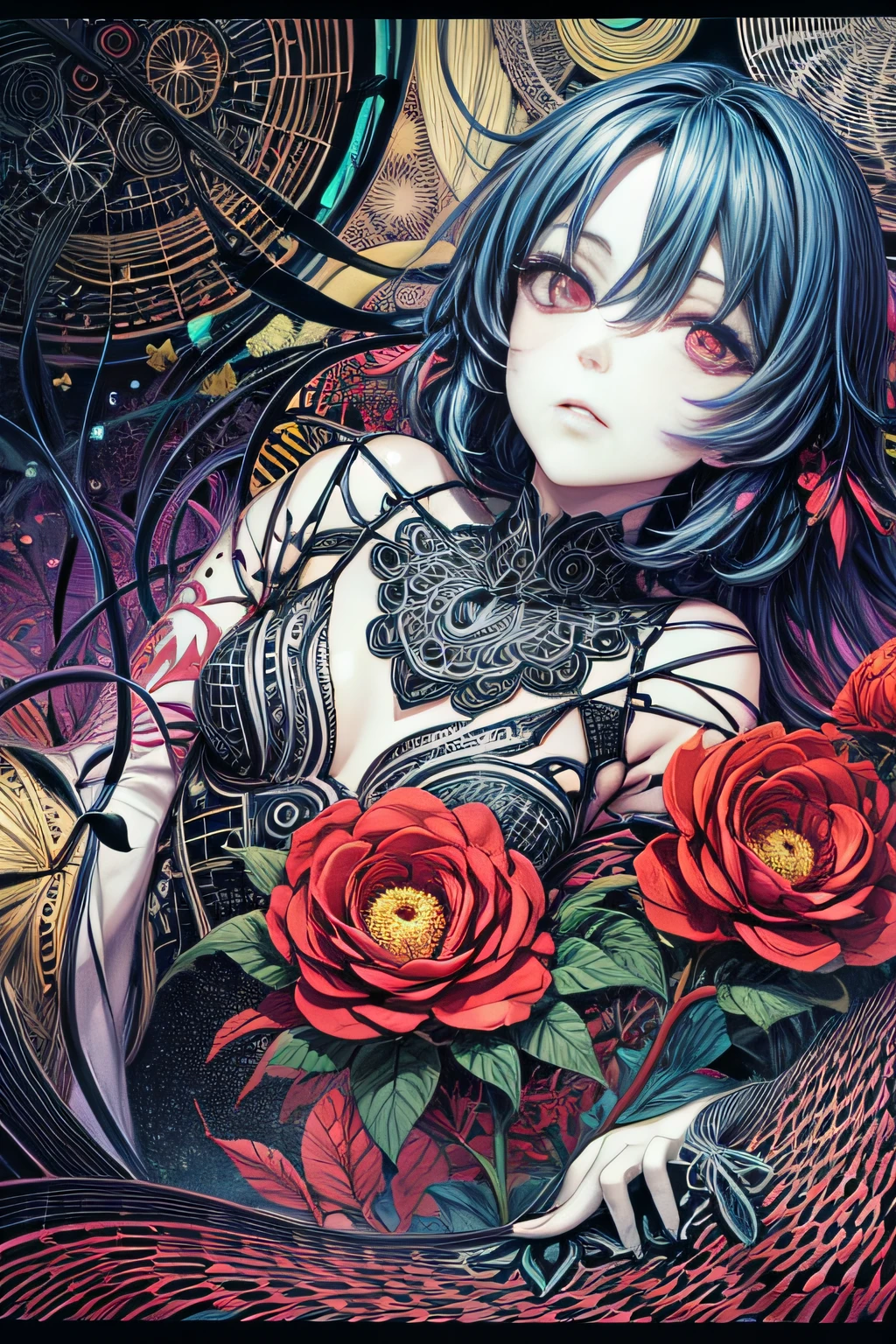 (Best Quality, masutepiece:1.3), (Illustration:1.15), (Lora More_detail),(Abstract, Zentangle, psychedelic:1.2), [(beautiful  Girl, Face, Neck, Slim waist, Legs:0.08) | | Beautiful roses, stem, thorns, roots:1.69] Art by Georgia O'Keeffe, Devianart Trend, ambiguity, mystery, Red color taste