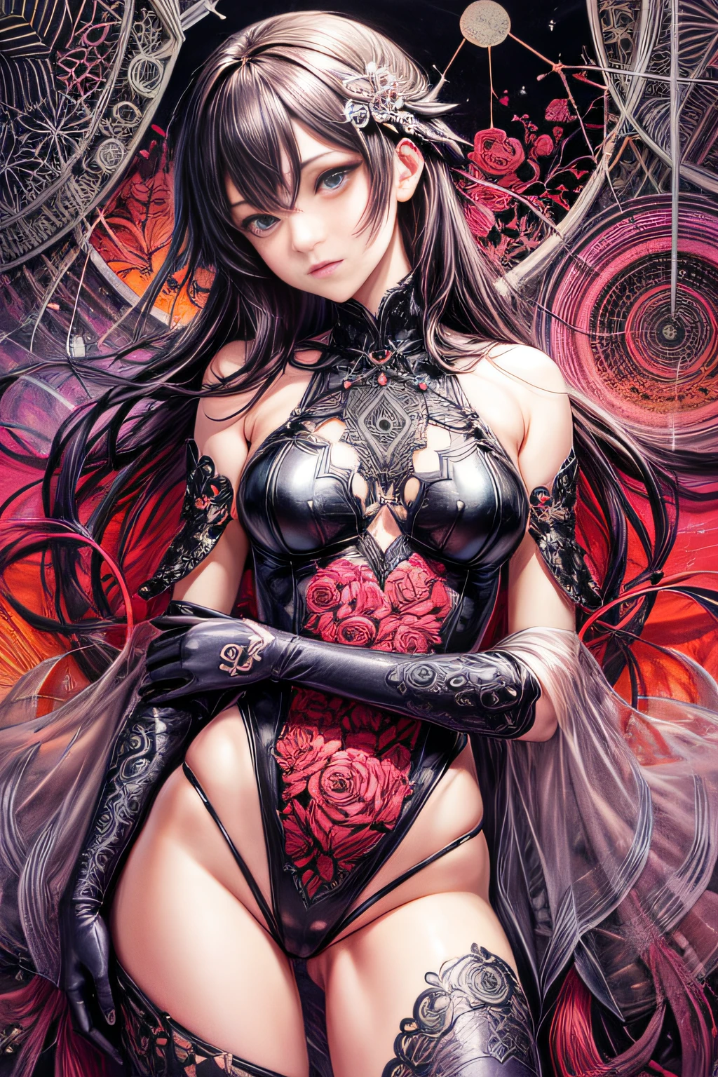 (Best Quality, masutepiece:1.3), (Illustration:1.15), (Lora More_detail),(Abstract, Zentangle, psychedelic:1.2), [(beautiful  Girl, Face, Neck, Slim waist, Legs:0.08) | | Beautiful roses, stem, thorns, roots:1.69] Art by Georgia O'Keeffe, Devianart Trend, ambiguity, mystery, Red color taste
