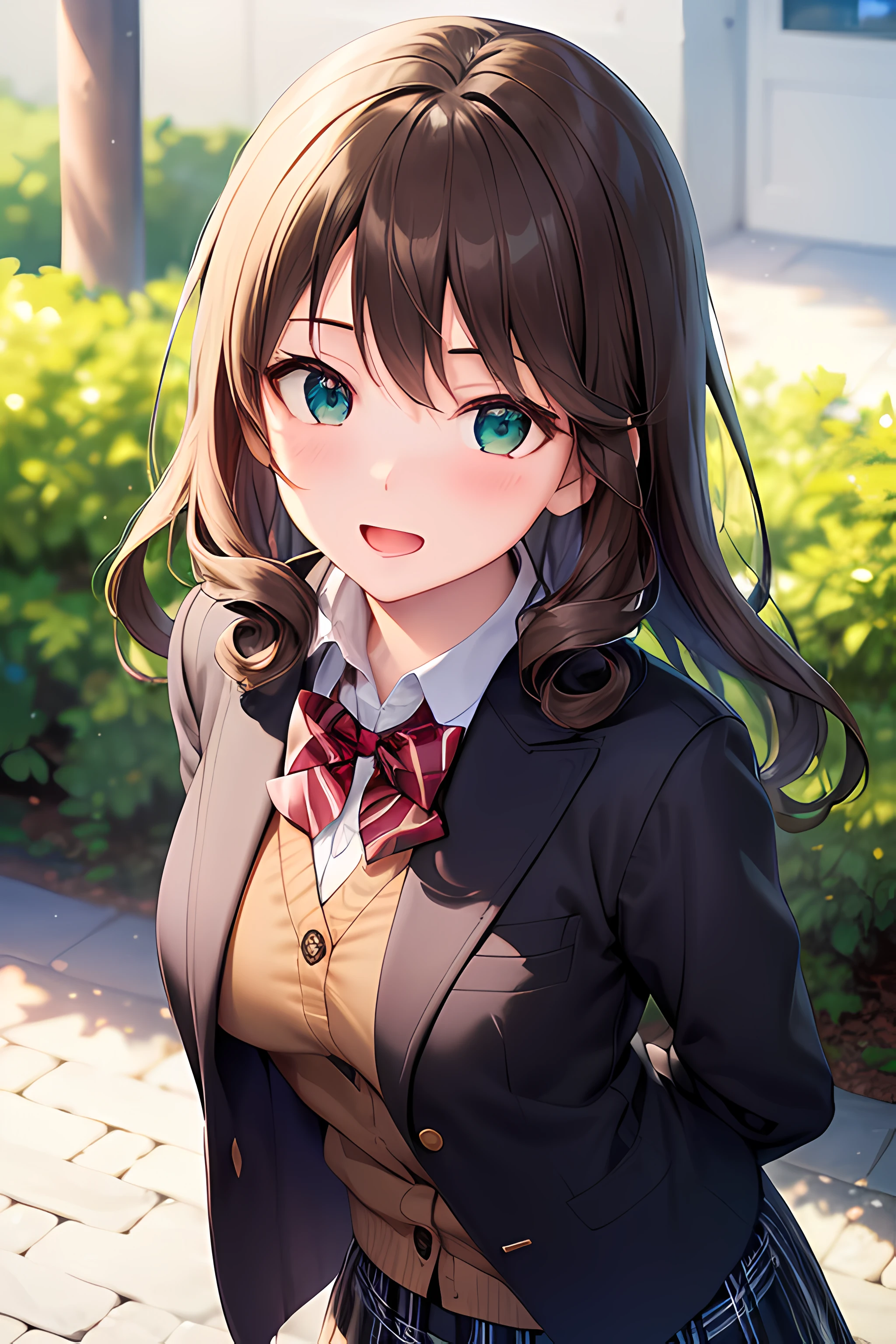 ((masterpiece, best quality, highres, UHD, perfect pixel, depth of field, 4k, RTX, HDR))), 1girl, single, solo, beautiful anime girl, beautiful artstyle, anime character, ((long hair, bangs, dark brown hair, curly hair:0.8)), ((green eyes:1.4, detailed eyes, beautiful eyes, perfect eyes,curly eyelashes, realistic eyes)), ((detailed face, blushing:1.2)), ((smooth texture:0.75, realistic texture:0.5, anime CG style)), medium breasts, dynamic angle, busty, perfect body, dynamic pose, ((red bowtie, school uniform, black jacket, open jacket, brown cardigan, white shirt, black skirt, plaid skirt)), smile, open mouth, arms behind back, leaning forward, amusment park, ((close up, POV, cute, shoot on face))