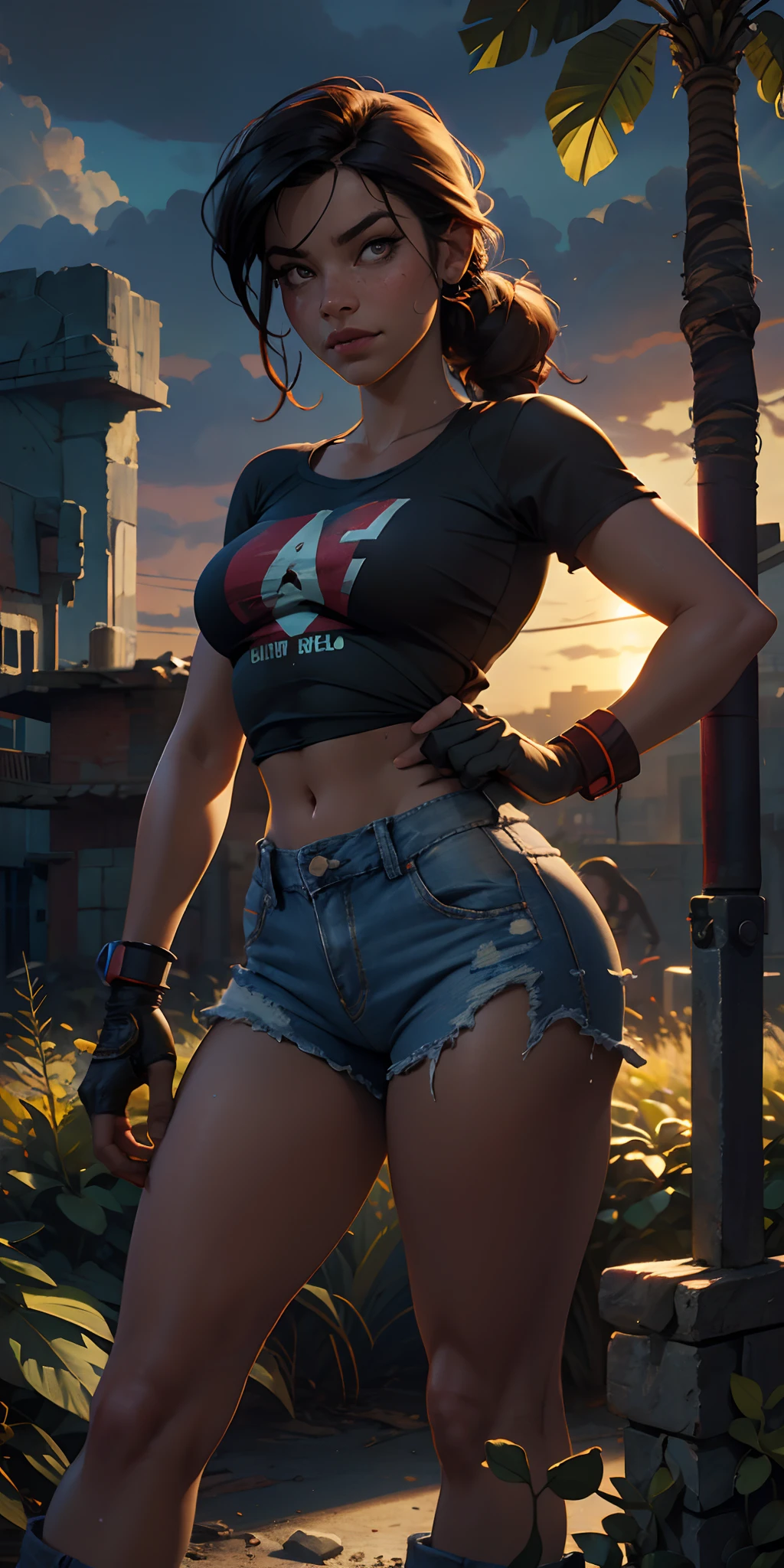 The Urban Ruins of the Wasteland, Female huntress picking fruit in the garden, camisa rasgada e shorts jeans , sweating through, sol nascente, Nice warm colors, The best volumetric lighting, hiper contraste, Texturas Ultra Hyper de Alta Qualidade, roupas altamente detalhadas