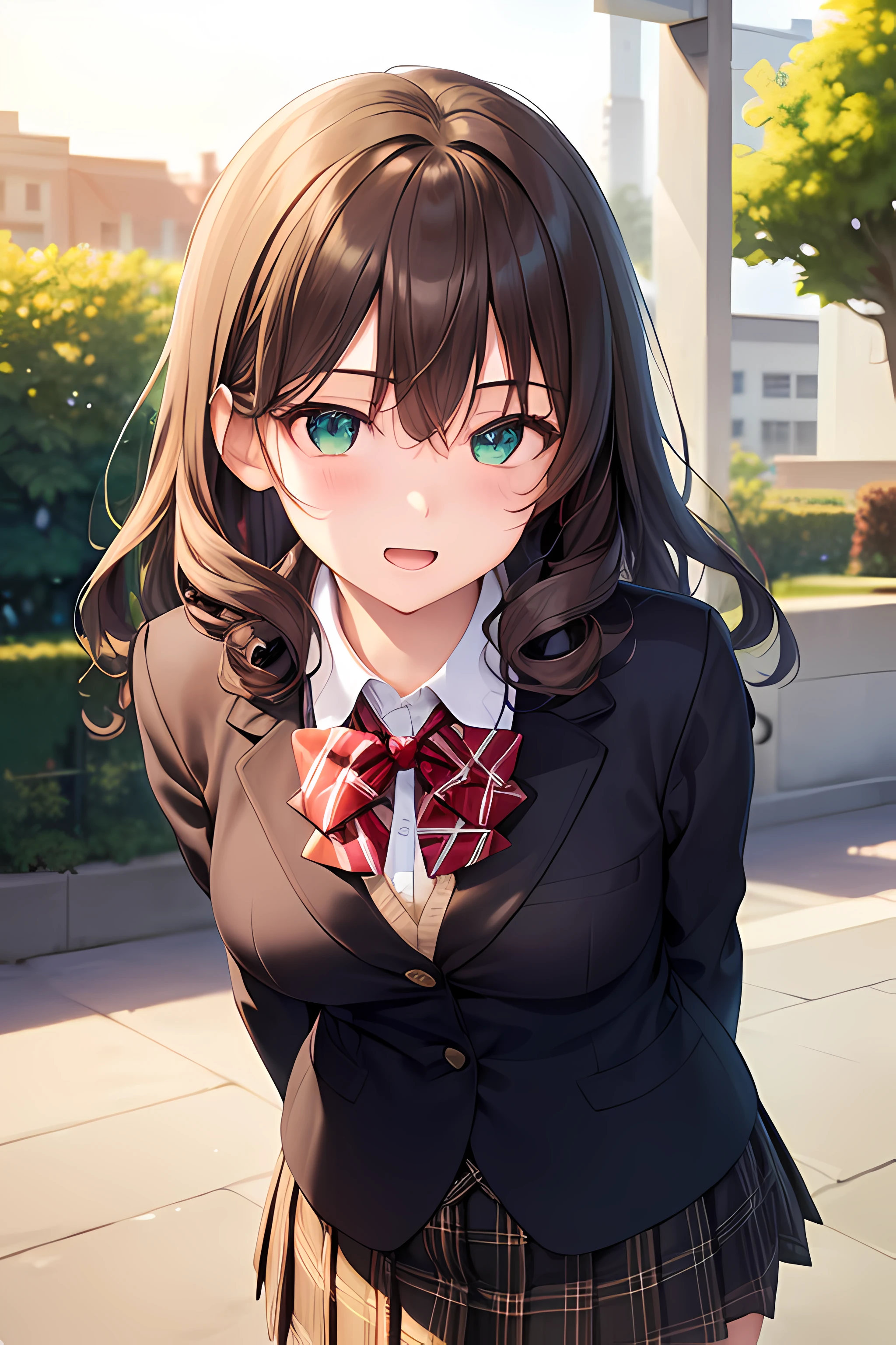 ((masterpiece, best quality, highres, UHD, perfect pixel, depth of field, 4k, RTX, HDR))), 1girl, single, solo, beautiful anime girl, beautiful artstyle, anime character, ((long hair, bangs, dark brown hair, curly hair:0.8)), ((green eyes:1.4, detailed eyes, beautiful eyes, perfect eyes,curly eyelashes, realistic eyes)), ((detailed face, blushing:1.2)), ((smooth texture:0.75, realistic texture:0.5, anime CG style)), medium breasts, dynamic angle, busty, perfect body, dynamic pose, ((red bowtie, school uniform, black jacket, open jacket, brown cardigan, white shirt, black skirt, plaid skirt)), smile, open mouth, arms behind back, leaning forward, amusment park, ((close up, POV, cute, shoot on face))