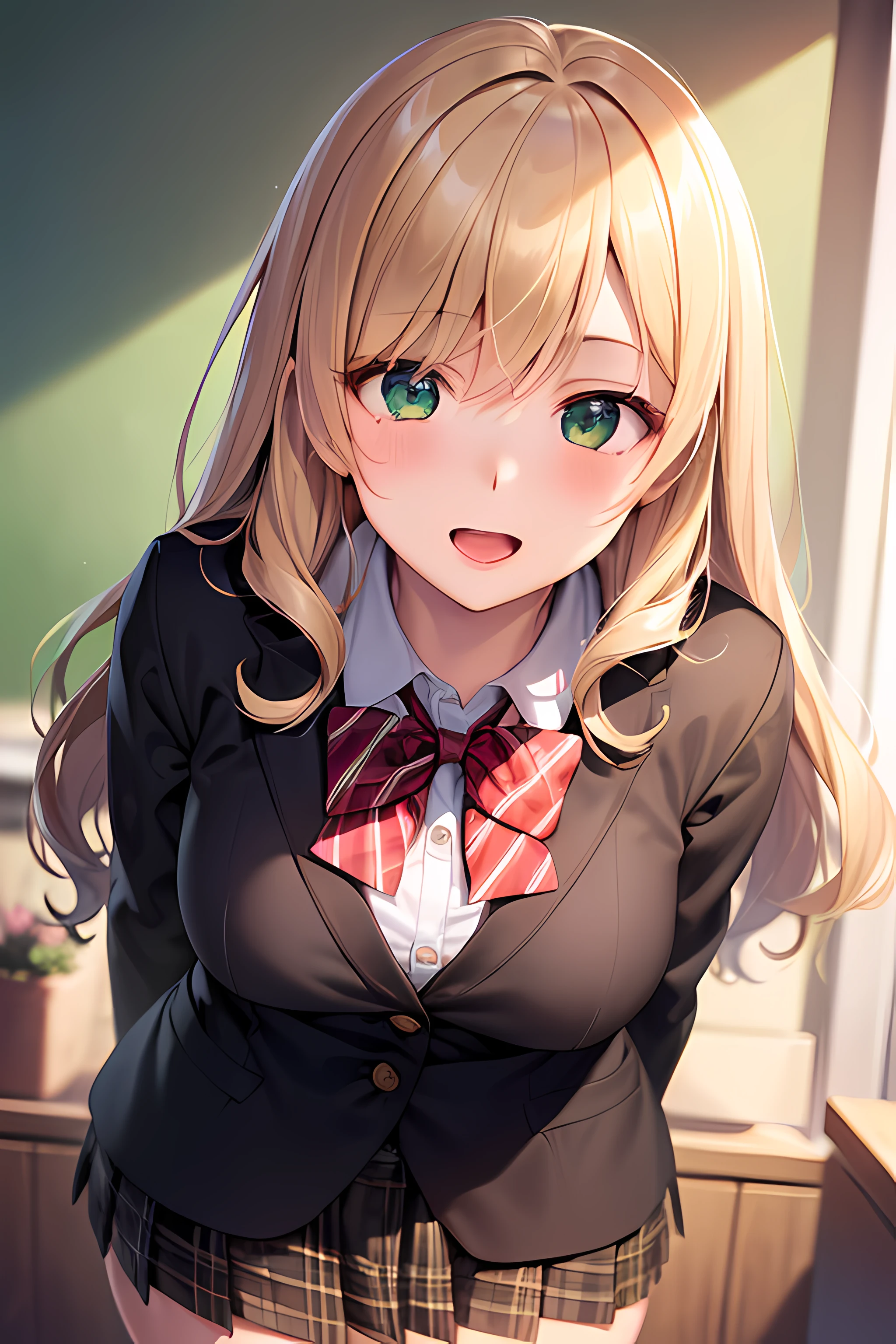 ((masterpiece, best quality, highres, UHD, perfect pixel, depth of field, 4k, RTX, HDR))), 1girl, single, solo, beautiful anime girl, beautiful artstyle, anime character, ((long hair, bangs, dark brown hair, curly hair:0.8)), ((green eyes:1.4, detailed eyes, beautiful eyes, perfect eyes,curly eyelashes, realistic eyes)), ((detailed face, blushing:1.2)), ((smooth texture:0.75, realistic texture:0.5, anime CG style)), medium breasts, dynamic angle, busty, perfect body, dynamic pose, ((red bowtie, school uniform, black jacket, open jacket, brown cardigan, white shirt, black skirt, plaid skirt)), smile, open mouth, arms behind back, leaning forward, amusment park, ((close up, POV, cute, shoot on face))