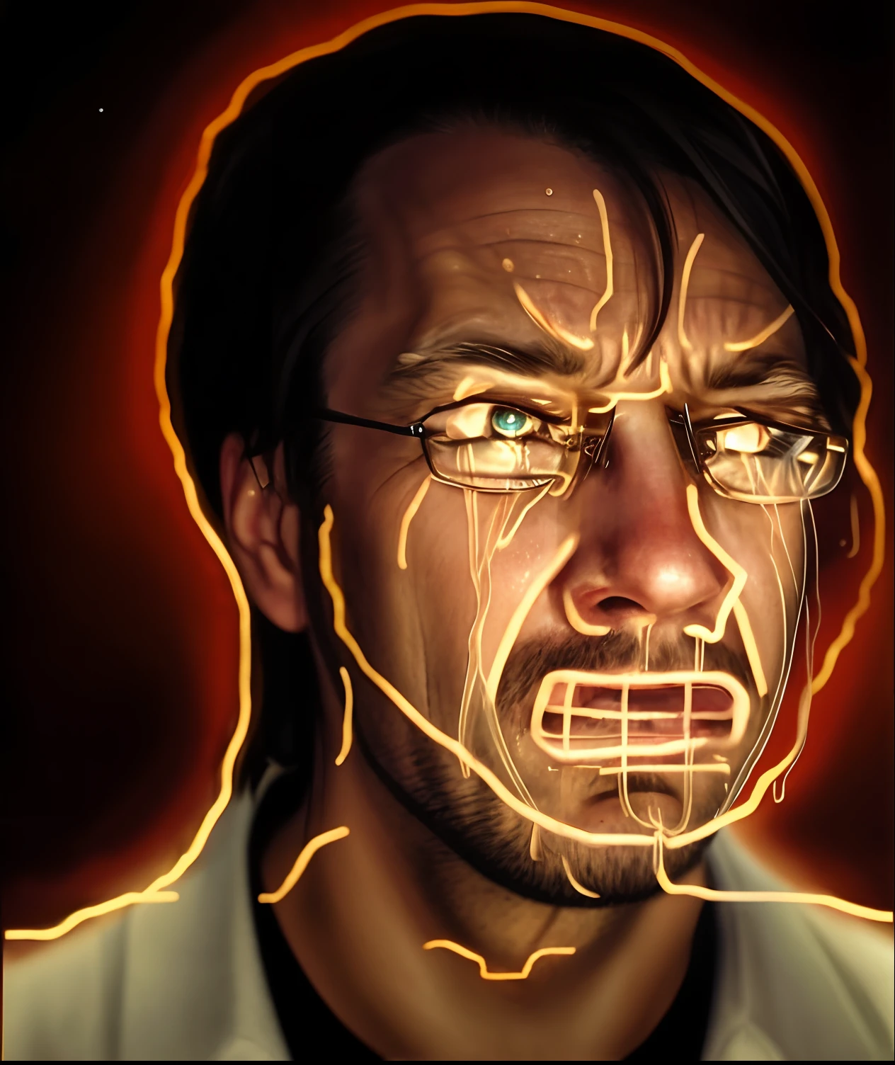 a man with glasses crying, wojack crying, portrait of a crying guy, tears running down face, crying, crying and smiling franticly, sad, crying one single tear, crying many tears, crying. scifi, he is sad, is totally sad and cries, walter white crying, sad!, nerd, nerd hair