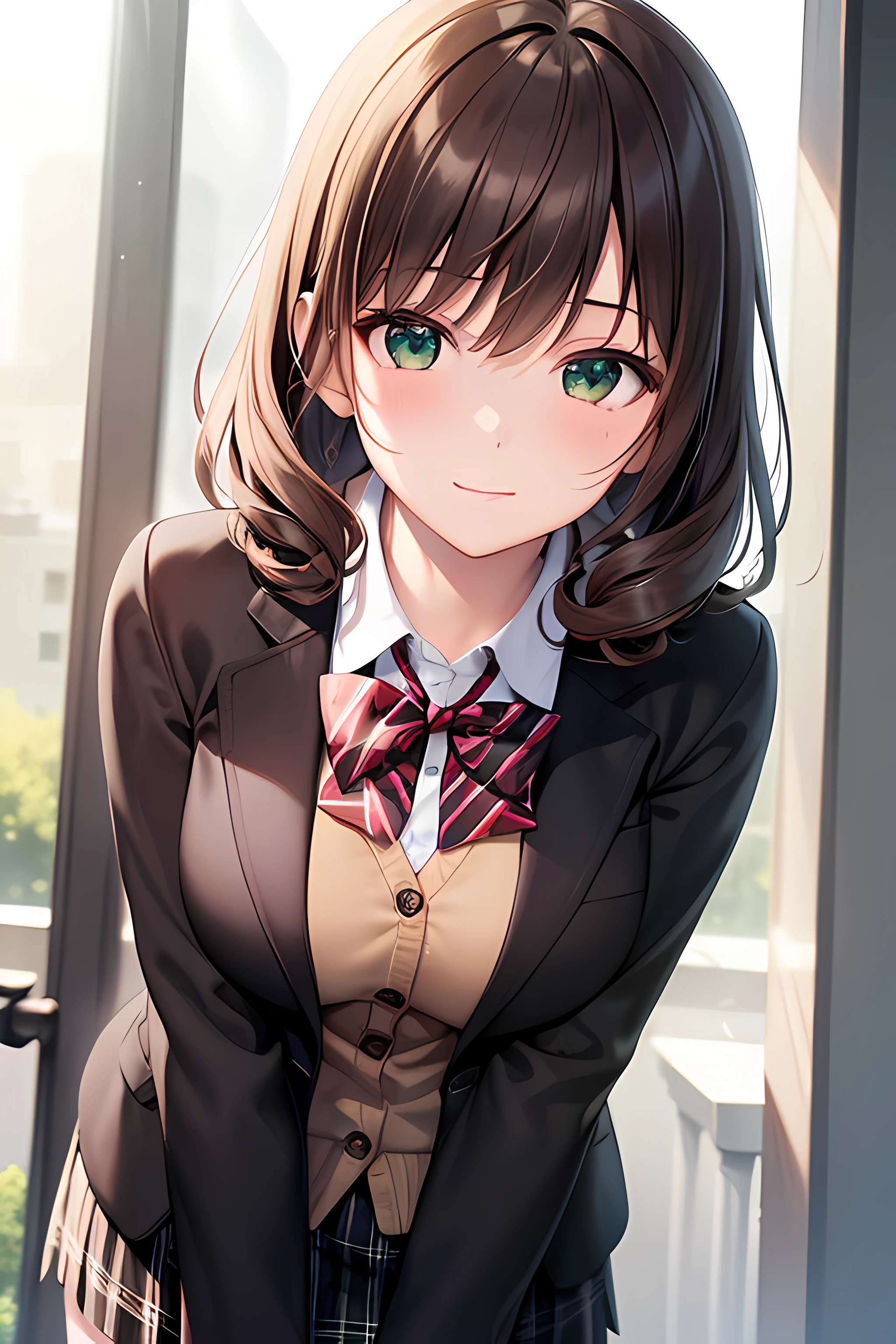 ((masterpiece, best quality, highres, UHD, perfect pixel, depth of field, 4k, RTX, HDR))), 1girl, single, solo, beautiful anime girl, beautiful artstyle, anime character, ((long hair, bangs, dark brown hair, curly hair:0.8)), ((green eyes:1.4, detailed eyes, beautiful eyes, perfect eyes,curly eyelashes, realistic eyes)), ((detailed face, blushing:1.2)), ((smooth texture:0.75, realistic texture:0.5, anime CG style)), medium breasts, dynamic angle, busty, perfect body, dynamic pose, ((red bowtie, school uniform, black jacket, open jacket, brown cardigan, white shirt, black skirt, plaid skirt)), smile, arms behind back, leaning forward, amusment park