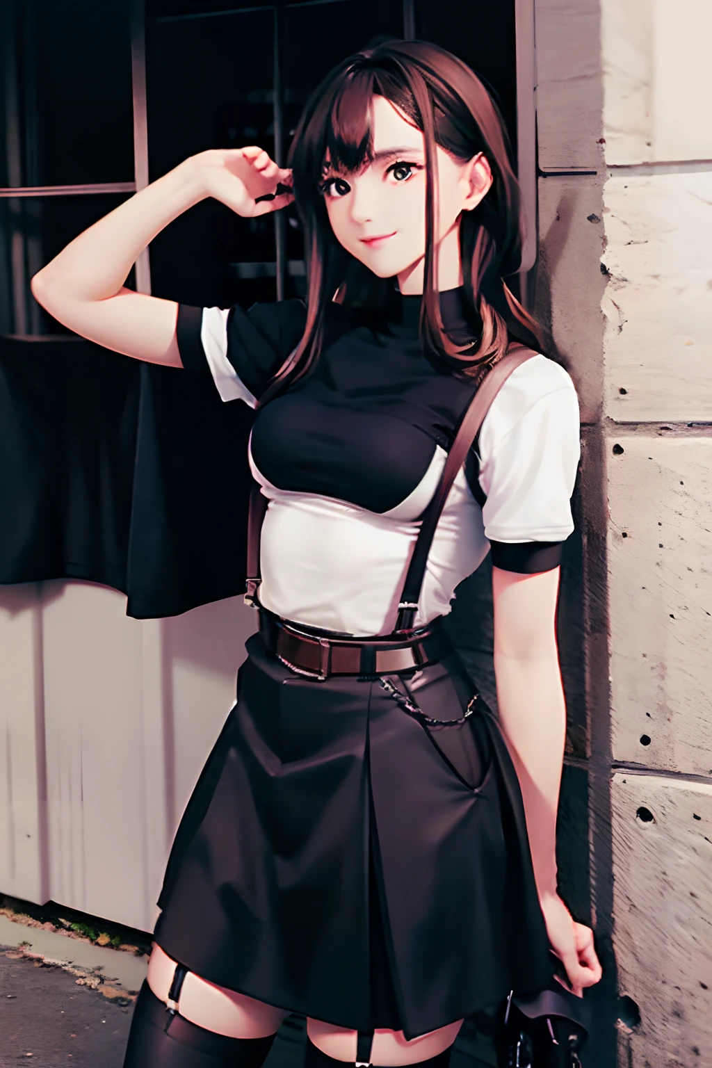 Black skirt, 　suspenders, Brown hair Gray eyes, Garter belt on the legs, Tight clothes, 　　 a belt　Armpit sweat　　Dark look　Moderately breasts　holster　Belt Chain　hair adornments　poneyTail