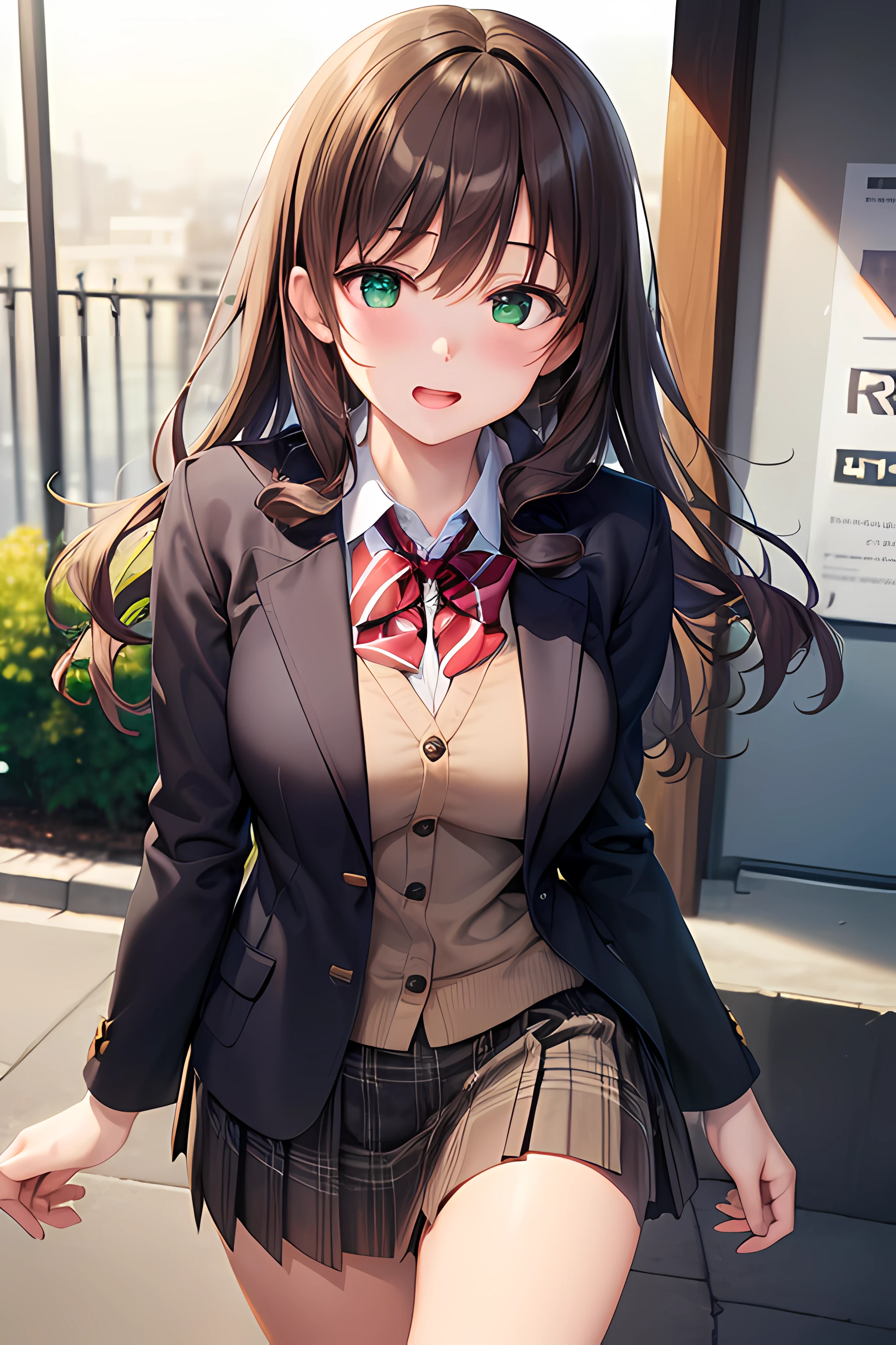((masterpiece, best quality, highres, UHD, perfect pixel, depth of field, 4k, RTX, HDR))), 1girl, single, solo, beautiful anime girl, beautiful artstyle, anime character, ((long hair, bangs, dark brown hair, curly hair:0.8)), ((green eyes:1.4, detailed eyes, beautiful eyes, perfect eyes,curly eyelashes, realistic eyes)), ((detailed face, blushing:1.2)), ((smooth texture:0.75, realistic texture:0.5, anime CG style)), medium breasts, dynamic angle, busty, perfect body, dynamic pose, ((red bowtie, school uniform, black jacket, open jacket, brown cardigan, white shirt, black skirt, plaid skirt)), smile, open mouth, leaning forward, amusement park