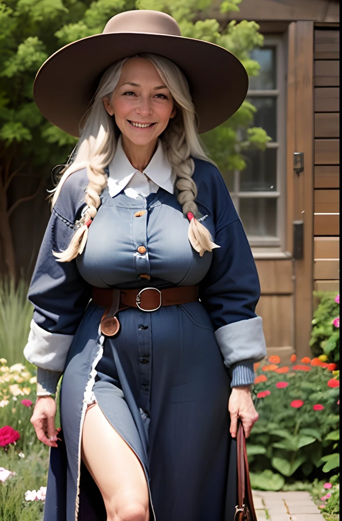 75 year old woman, long gray hair going down to knees in 2 braid, extremely loose huge long fluffy button down wool sweater bell gown, pulling weeds from a garden he has a large pocketbook, she has a large wool hat with flower pattern on it, she has a large coat with buttons, the coat has woven pattern of flowers, she is wearing a waist belt made out of cord she is joyful , she is completely happy, she has nothing to worry about