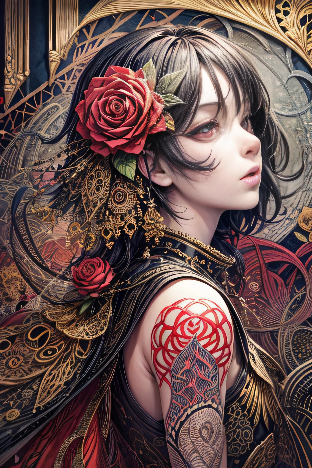 (Best Quality, masutepiece:1.3), (Illustration:1.15), (Lora More_detail),(Abstract, Zentangle, psychedelic:1.2), [(beautiful  Girl, Face, Neck, Slim waist, Legs:0.08) | | Beautiful roses, stem, thorns, roots:1.69] Art by Georgia O'Keeffe, Devianart Trend, ambiguity, mystery, Red color taste