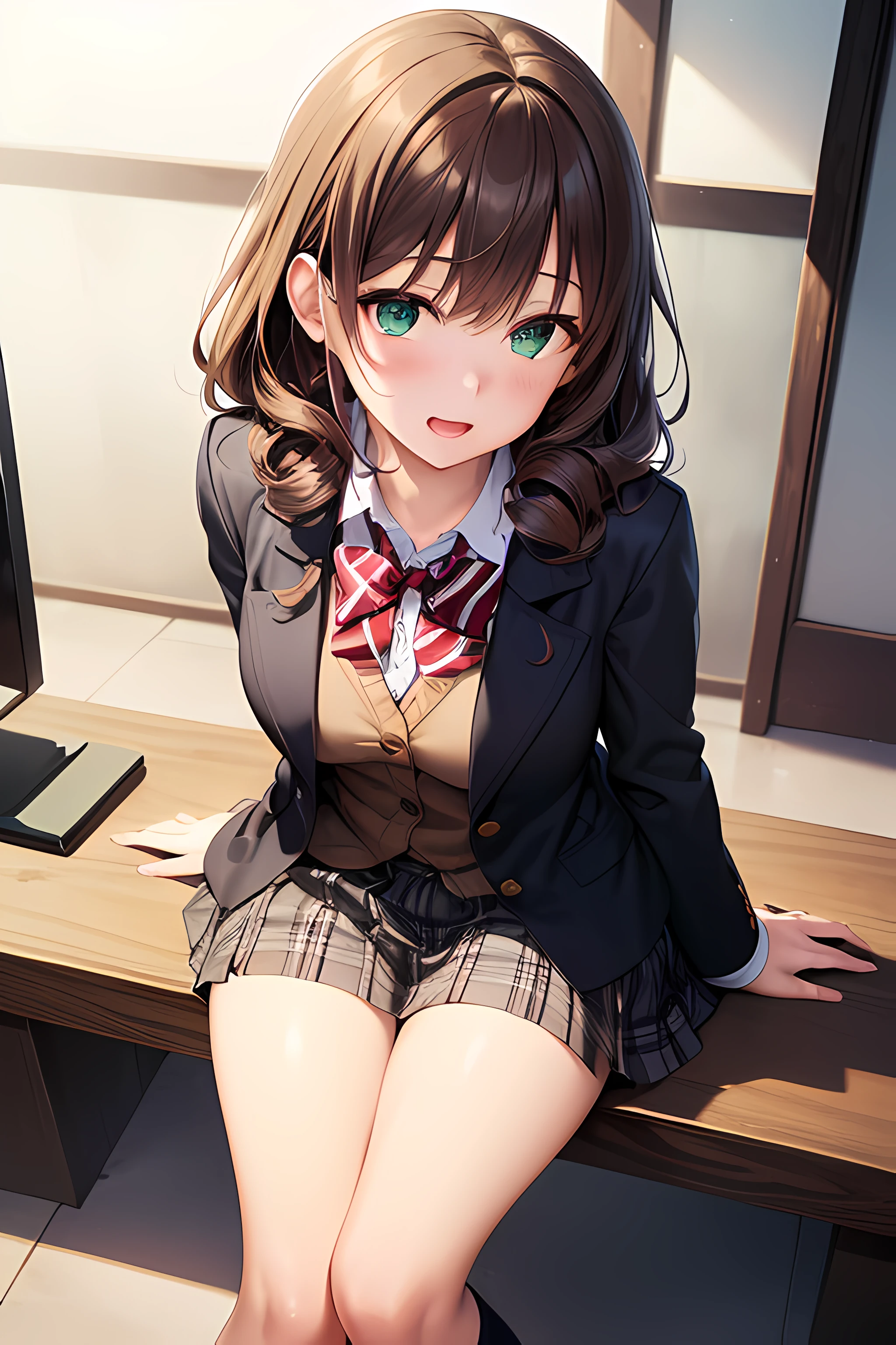 ((masterpiece, best quality, highres, UHD, perfect pixel, depth of field, 4k, RTX, HDR))), 1girl, single, solo, beautiful anime girl, beautiful artstyle, anime character, ((long hair, bangs, dark brown hair, curly hair:0.8)), ((green eyes:1.4, detailed eyes, beautiful eyes, perfect eyes,curly eyelashes, realistic eyes)), ((detailed face, blushing:1.2)), ((smooth texture:0.75, realistic texture:0.5, anime CG style)), medium breasts, dynamic angle, busty, perfect body, dynamic pose, ((red bowtie, school uniform, black jacket, open jacket, brown cardigan, white shirt, black skirt, plaid skirt, stocking)), smile, open mouth, leaning forward, amusement park