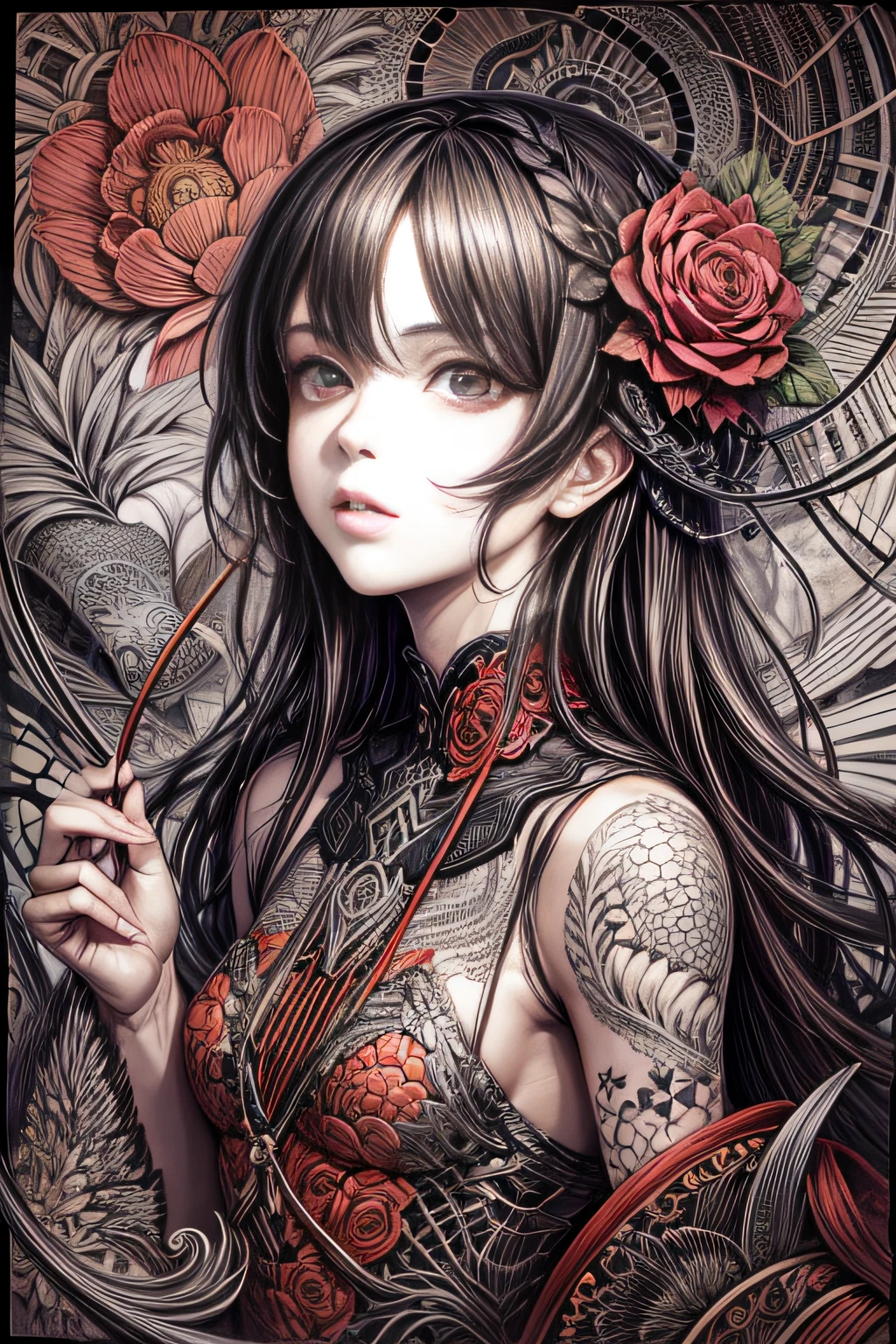 (Best Quality, masutepiece:1.3), (Illustration:1.15), (Lora More_detail),(Abstract, Zentangle, psychedelic:1.2), [(beautiful  Girl, Face, Neck, Slim waist, Legs:0.08) | | Beautiful roses, stem, thorns, roots:1.69] Art by Georgia O'Keeffe, Devianart Trend, ambiguity, mystery, Red color taste
