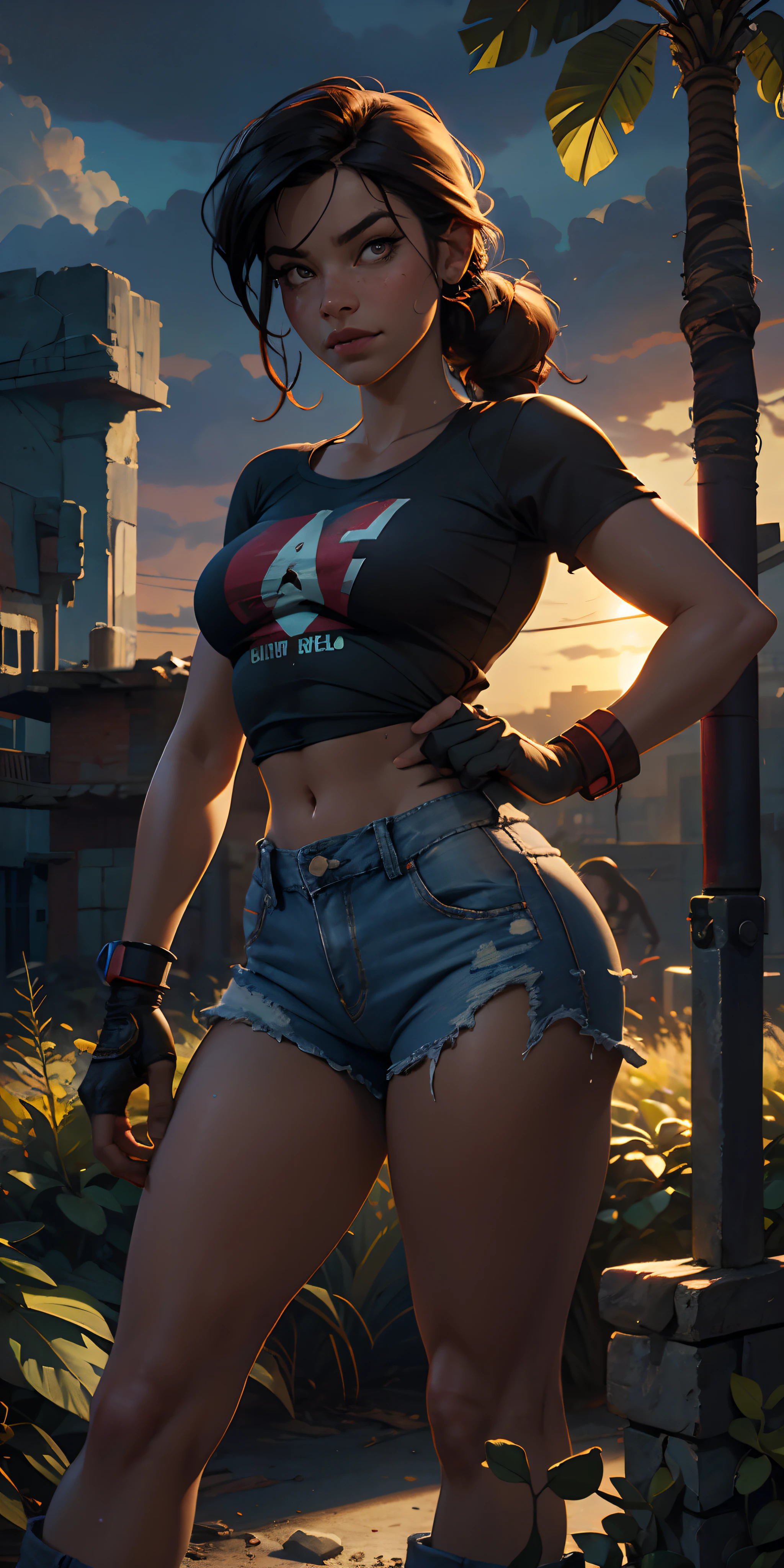 The Urban Ruins of the Wasteland, Female huntress picking fruit in the garden, camisa rasgada e shorts jeans , sweating through, sol nascente, Nice warm colors, The best volumetric lighting, hiper contraste, Texturas Ultra Hyper de Alta Qualidade, roupas altamente detalhadas