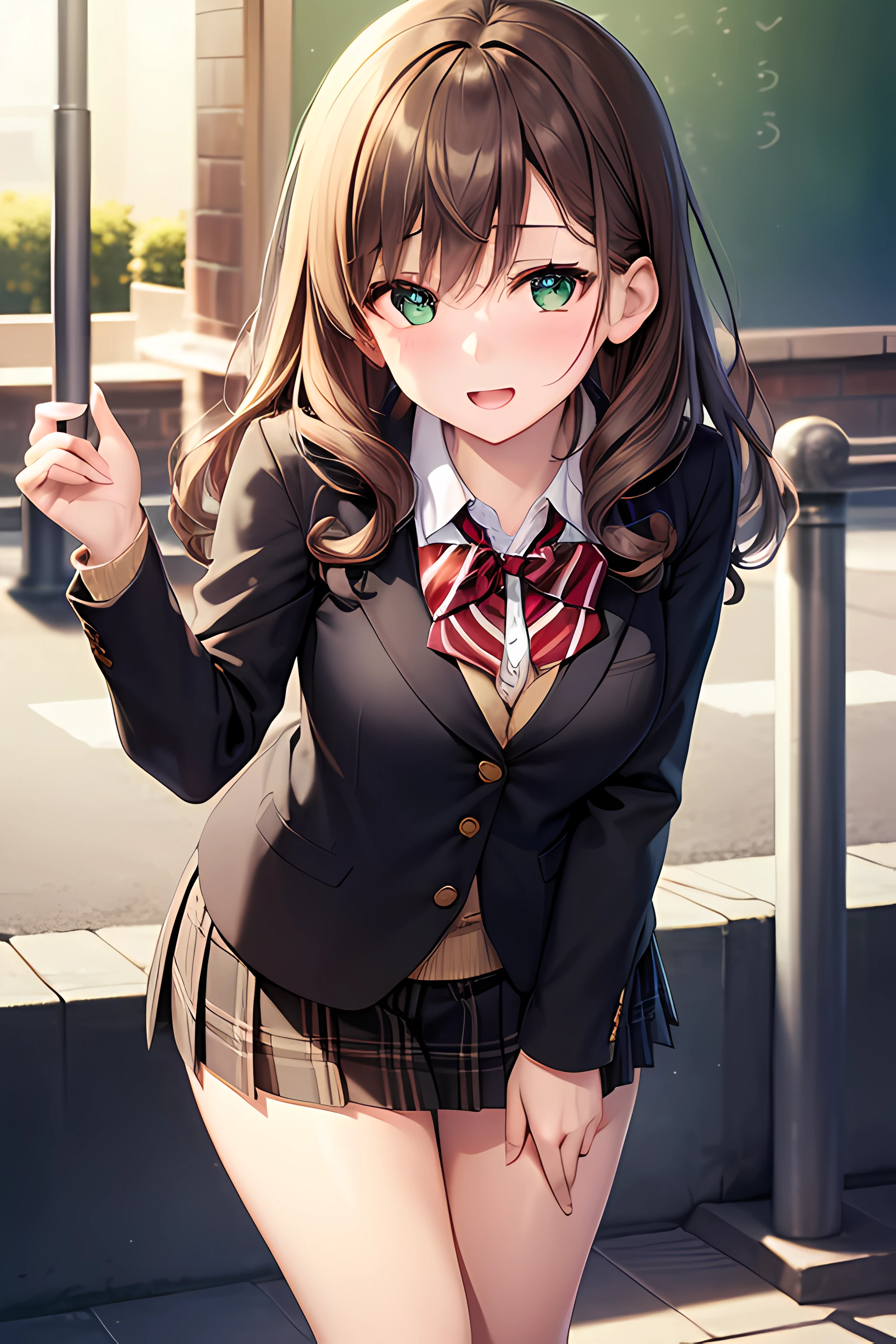 ((masterpiece, best quality, highres, UHD, perfect pixel, depth of field, 4k, RTX, HDR))), 1girl, single, solo, beautiful anime girl, beautiful artstyle, anime character, ((long hair, bangs, dark brown hair, curly hair:0.8)), ((green eyes:1.4, detailed eyes, beautiful eyes, perfect eyes,curly eyelashes, realistic eyes)), ((detailed face, blushing:1.2)), ((smooth texture:0.75, realistic texture:0.5, anime CG style)), medium breasts, dynamic angle, busty, perfect body, dynamic pose, ((red bowtie, school uniform, black jacket, open jacket, brown cardigan, white shirt, black skirt, plaid skirt, stocking)), smile, open mouth, leaning forward, amusement park