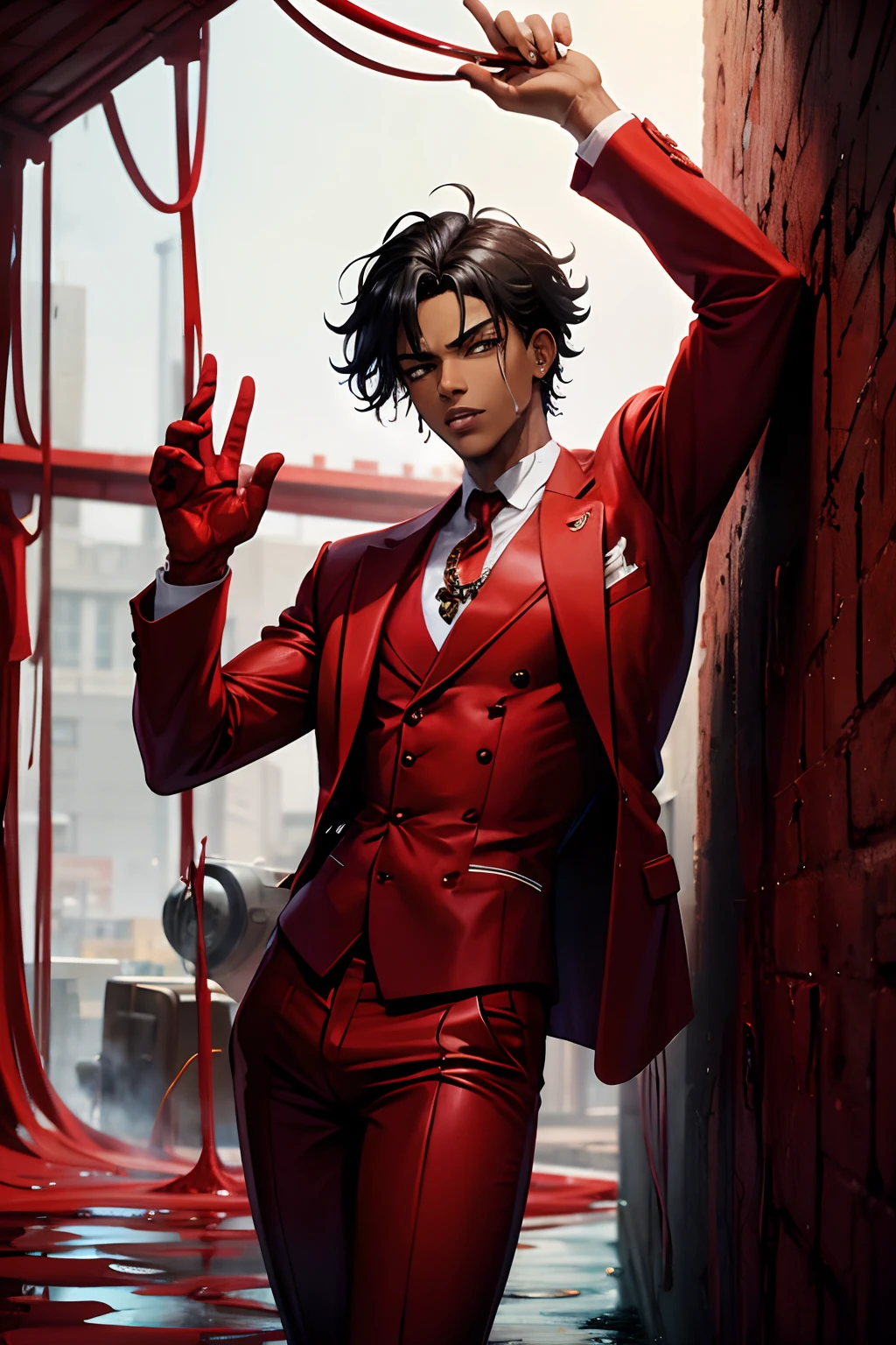Red suit, black young man, messy hair, show, jojo pose, man, drip, defined