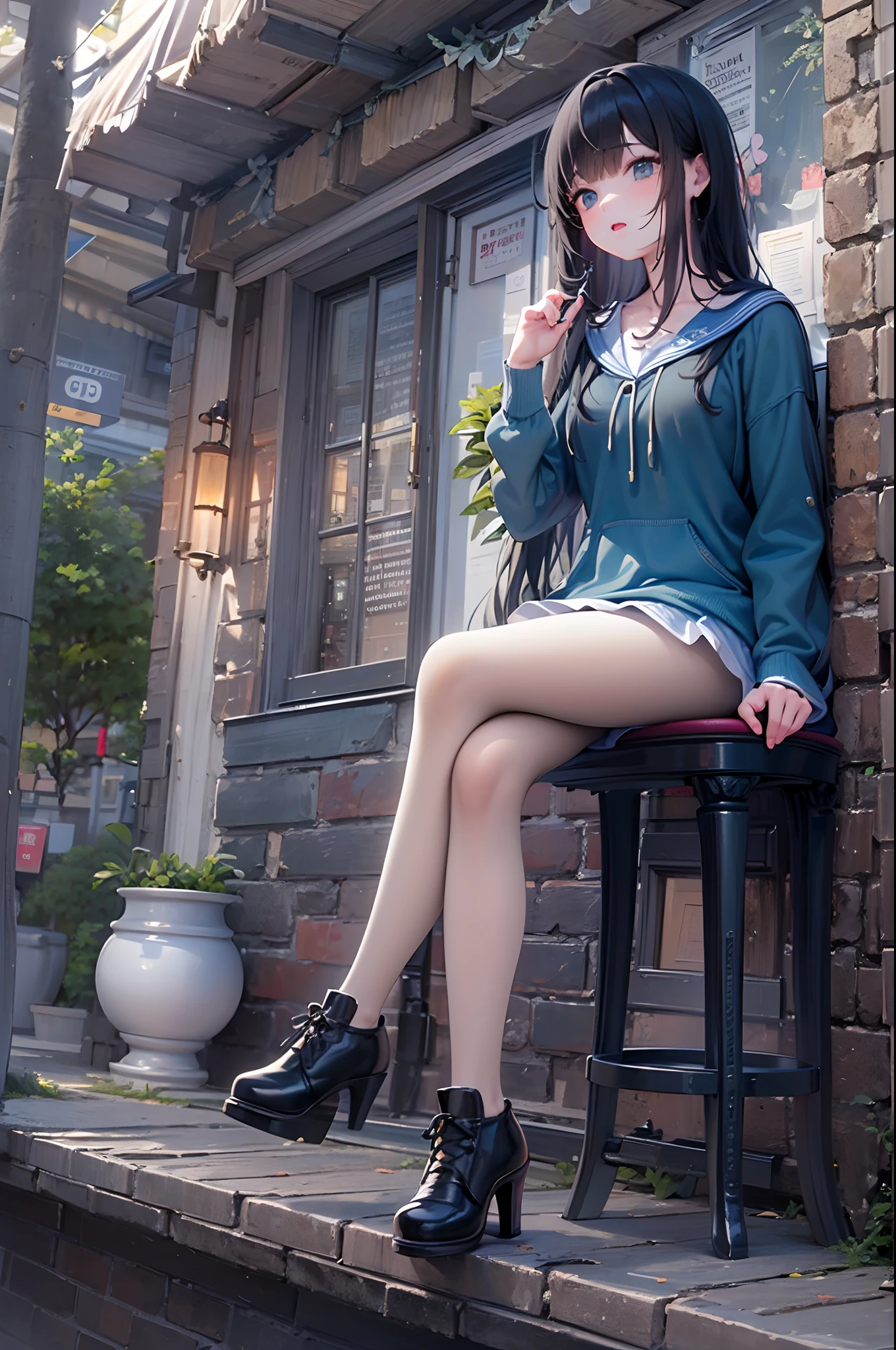 Photo of Pho3B3Cat3S, Beautiful woman, ((24 years old)), street, Short blue skirt,Blue sailor suit,Blue miniskirt， longblackhair, (Masterpiece), (Extremely detailed Cg Unity 8K wallpaper), iintricate, ((Photorealistic)),Perfect lighting, Solo, shiny long black hair、a cute young woman,stocklings，lacepantyhose，