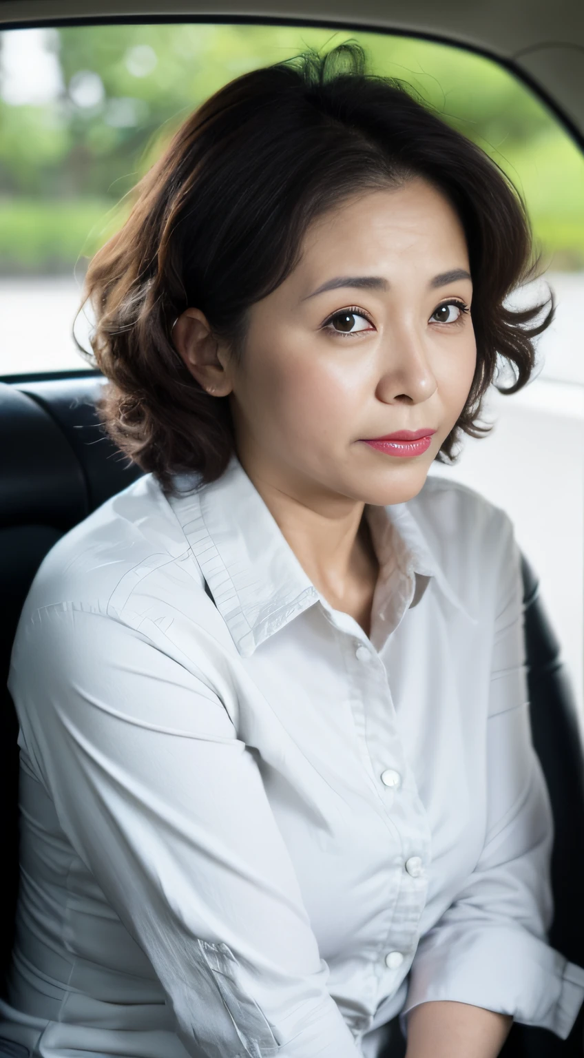 ((Best Quality, 8K, Masterpiece, Portrait: 1.3)), (Viewing Viewer), Photorealistic, Sharp Focus, Solo, Japanese MILF, Beauty, 28 Years Old, Full Body, Busty, Curly Hair, Wrinkles at the corners of the eyes, collared shirt, ((sitting on car)),