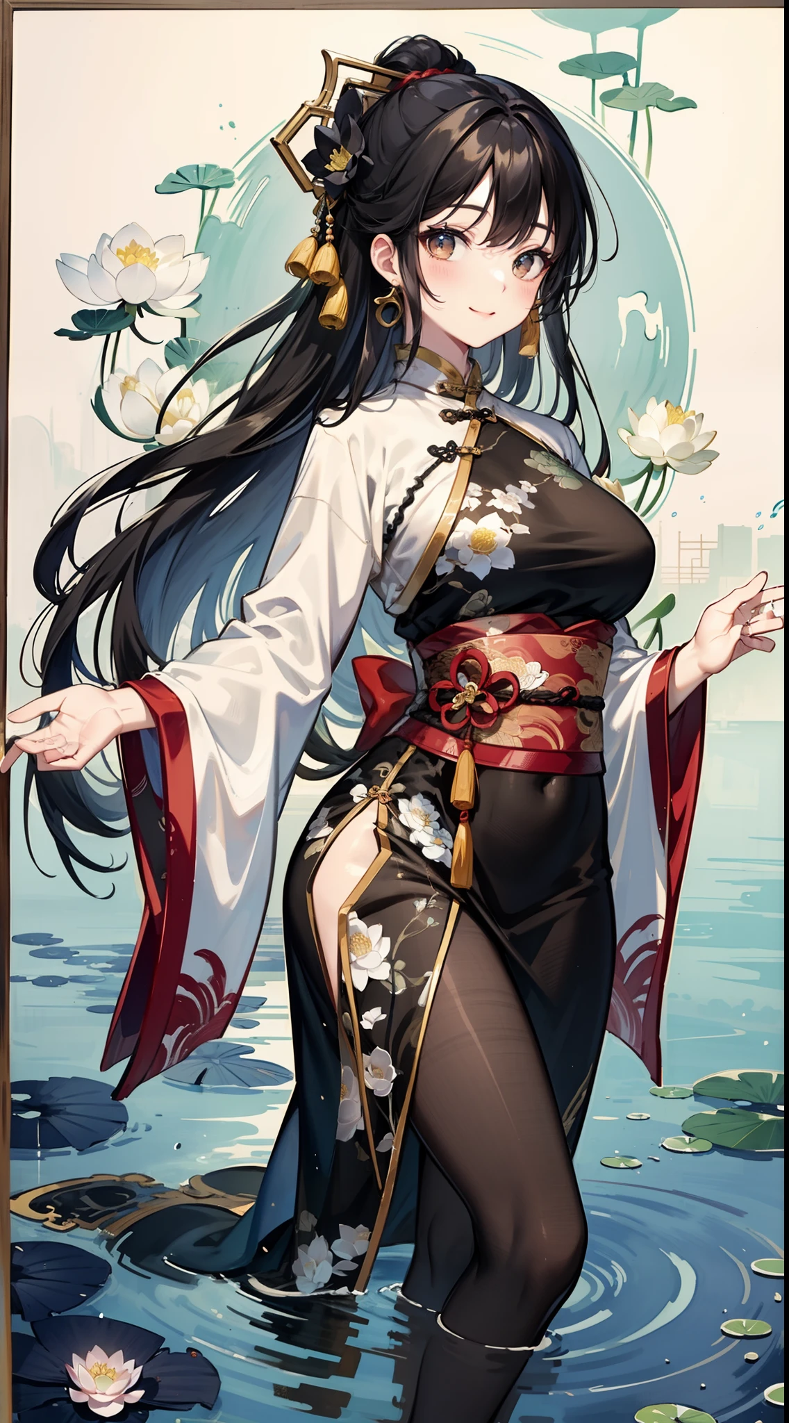 ((4k,masterpiece,best quality)), shuimobysim, traditional chinese ink painting, lotus, hanfu, maxiskit, 1girl, solo, long black hair, smile, standing, feet in the water, black pantyhose,Chinese style