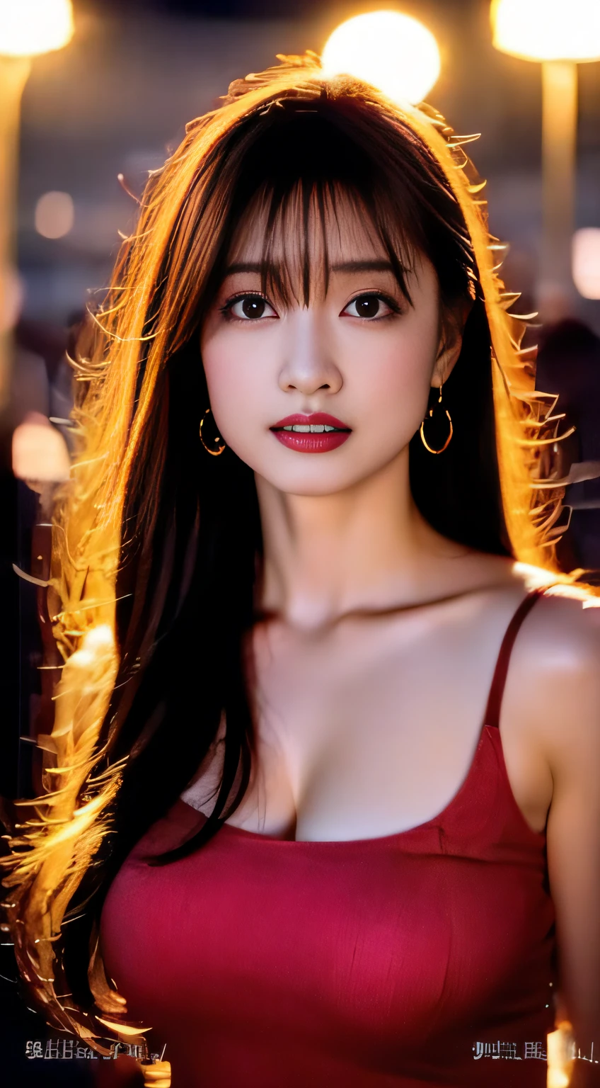 top-quality。８K-Picture。Ultra-high pixel。The background is the city at night。girl with。hair is long and slightly wavy,,,,,,,,,,,,,,,,,,,,,,,,,,,,,,,,,,,,,,,,,,,,,,,,,,,,,,,,,,,,,,,,,,,,,,,,,,,,,,,,,,,,,,,,,,,,,,,。The color is dark brown。Glamour style、((huge-breasted：1.8))。wearing red dress、Photos dancing brilliantly。Delicate finish overall。The body line is gorgeous。legs are long、Wear red high heels。((Hair shines like a reflection of the street。The eyeball reflects the surrounding landscape。The skin is wet with night dew))。Almost perfect woman。((time々In close-up of the upper body))。The second highlighted part々I want you to express it in close-ups。