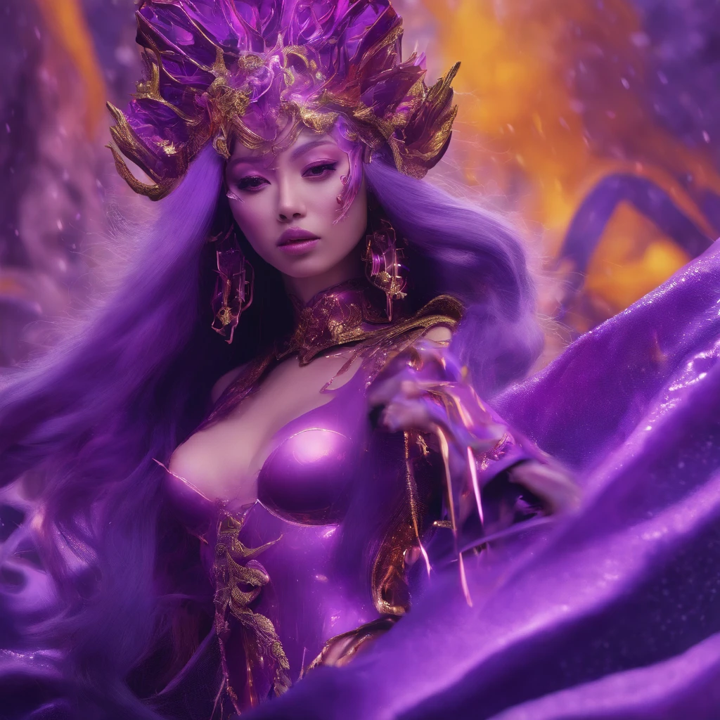Agate glass texture 32K（tmasterpiece，k hd，hyper HD，32K）Long flowing bright purple hair，Autumn Pond，zydink， a color， Asian people （Kizi）， （Red scarf）， Combat posture， looking at the ground， long whitr hair， Floating bright purple， Fire cloud pattern gold tiara， Chinese long-sleeved gold silk garment， （abstract ink splash：1.2）， white backgrounid，Lotus protector（realisticlying：1.4），Bright purple hair，Smoke on the road，The background is pure， A high resolution， the detail， RAW photogr， Sharp Re， Nikon D850 Film Stock Photo by Jefferies Lee 4 Kodak Portra 400 Camera F1.6 shots, Rich colors, ultra-realistic vivid textures, Dramatic lighting, Unreal Engine Art Station Trend, cinestir 800，Long flowing bright purple hair