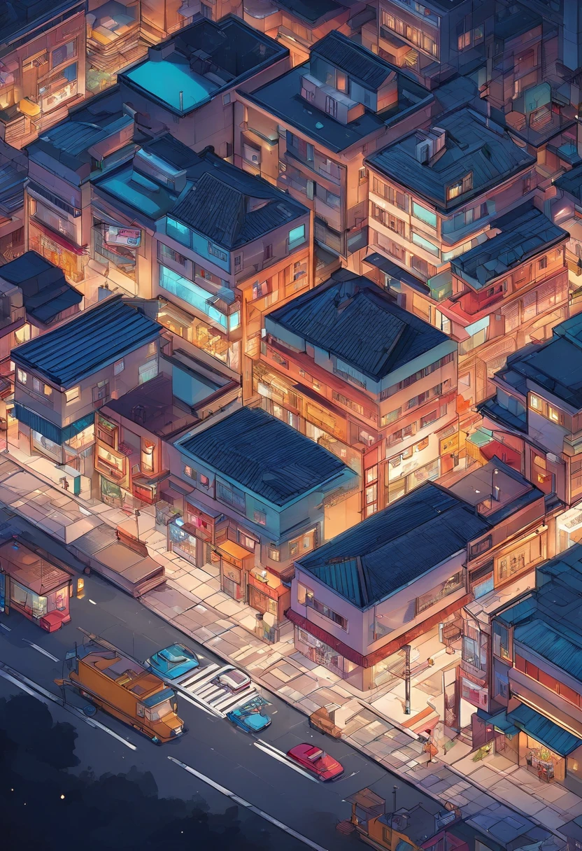 Absurdo, best quality, fantasia, isometric, Knolling estilo de (Cidade urbana, tokyo, noite, escura, letreiro neon), rua, Posts, Sombras, darkeness, (fundo simples ceu escuro)