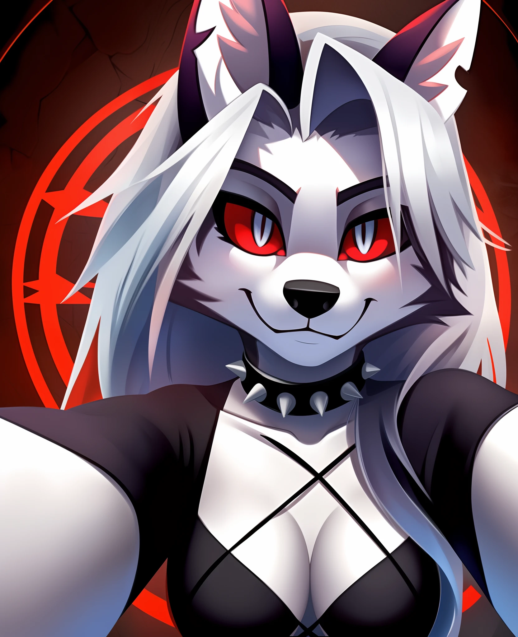 masterpiece, best quality, face portrait of a female anthro loona hellhound, loonacroptop, detailed face, (detailed eyes, slit pupils, white pupils:1.2), (red sclera), smile, [spiked collar, pentagram], (looking at viewer), selfie