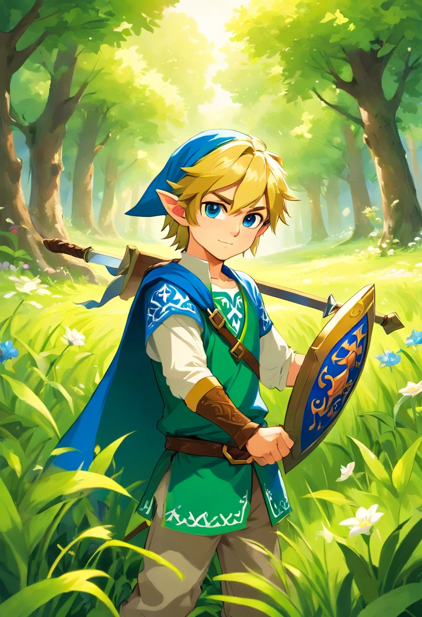 A boy with blonde hair and pointed ears, wearing a green hat and a blue tunic, holding a sword and a shield, standing in a vast green field filled with tall grass and blooming flowers, surrounded by lush trees. The boy has intense blue eyes and a determined expression on his face. The sunlight filters through the leaves of the trees, casting a warm and vibrant glow on the scene. The atmosphere is filled with a sense of adventure and excitement. The artwork is created using traditional painting techniques, with vibrant colors and intricate brushstrokes. The details are highly realistic, capturing every intricate detail of the boy's face and the surrounding environment. The painting has a high resolution and is meticulously crafted, showcasing the artist's skill and attention to detail. The style of the artwork is reminiscent of classic fantasy illustrations, with a touch of modern aesthetics. The color palette is rich and vibrant, with a focus on lush greens and bright blues, creating a sense of enchantment and wonder. The lighting in the painting is soft and warm, creating a cozy and inviting atmosphere. The overall composition of the artwork is balanced and visually pleasing, with a strong focal point on the boy and the surrounding nature.