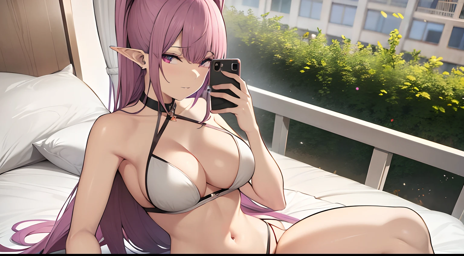 a very beautiful anime elf girl, "Seated on a bed in a secure position, holding a cellphone with both hands for a selfie.
