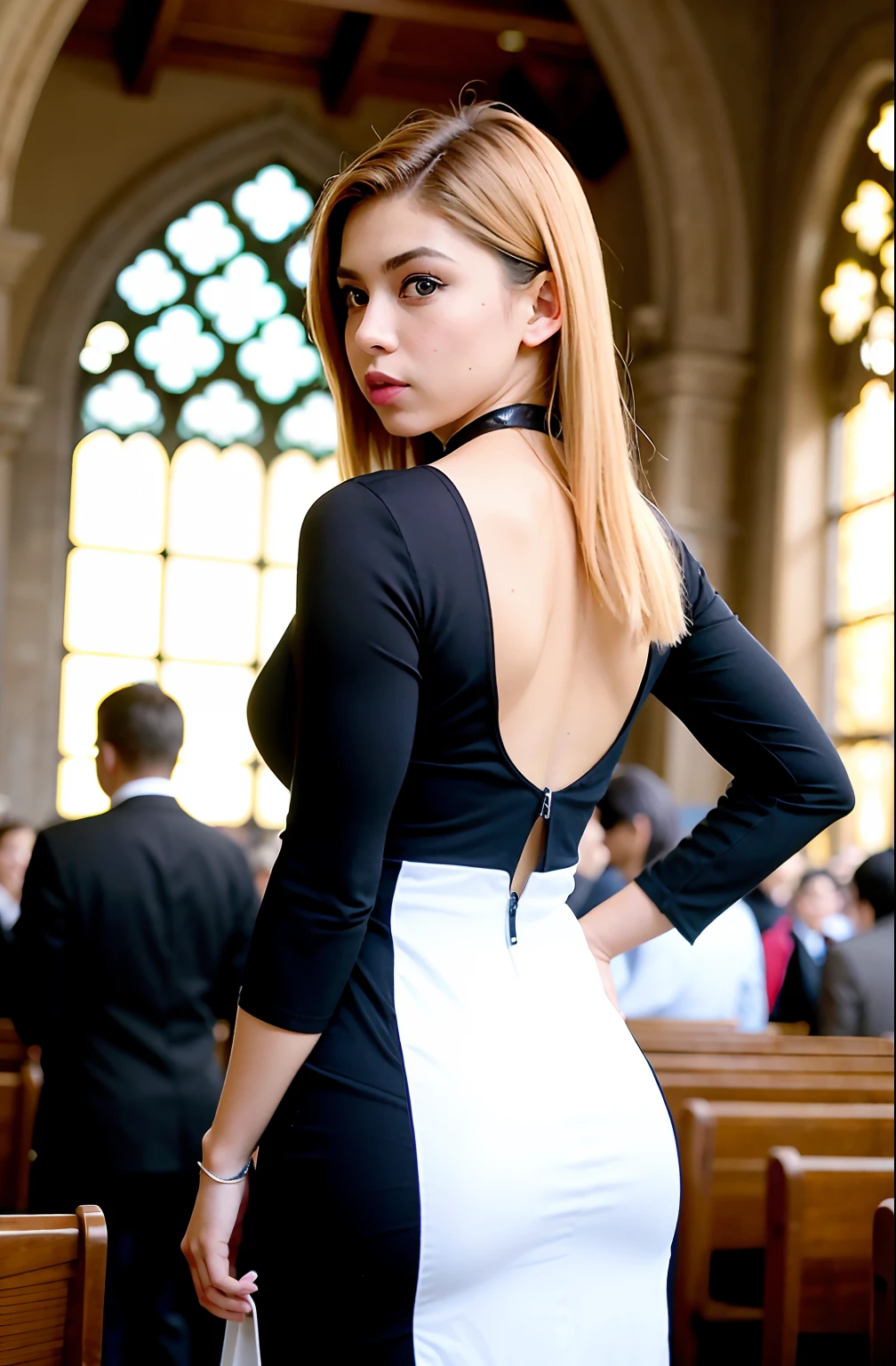 (obra-prima:1.2), (ultra detalhado:1.0), Deusa loira, blonde, modelo plus size, de costas, noiva, parte posterior, na igreja, vestindo vestido de noiva, igreja, vestido branco, comprimento total, realista, de costas para o espectador, crowd, pessoas ao fundo, In the middle of the crowd