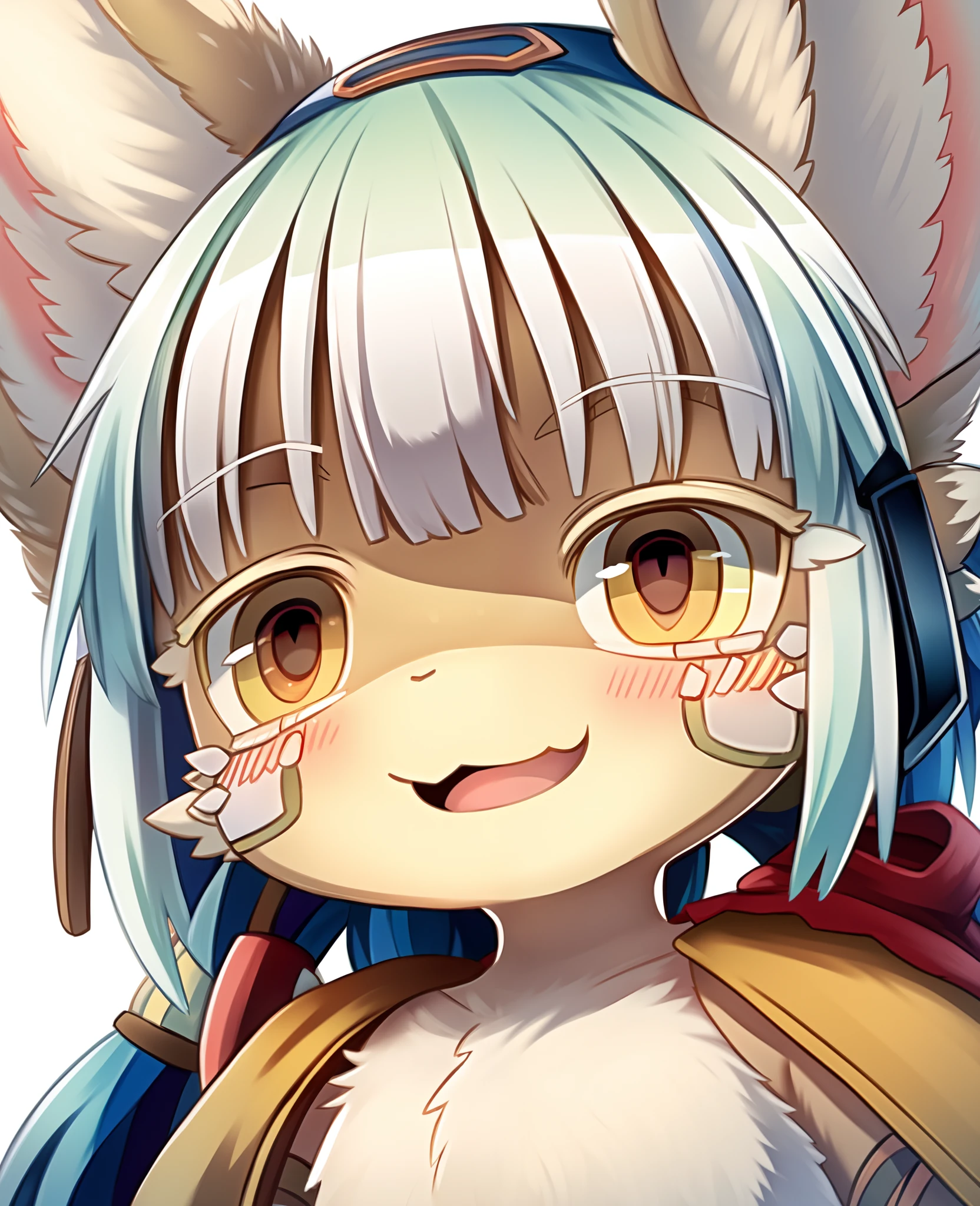 face focus, portrait, avatar, fluffy, :D, cute, 1girl, solo, furry, nanachi \(made in abyss\), nanachihat, looking at viewer, smile, manga