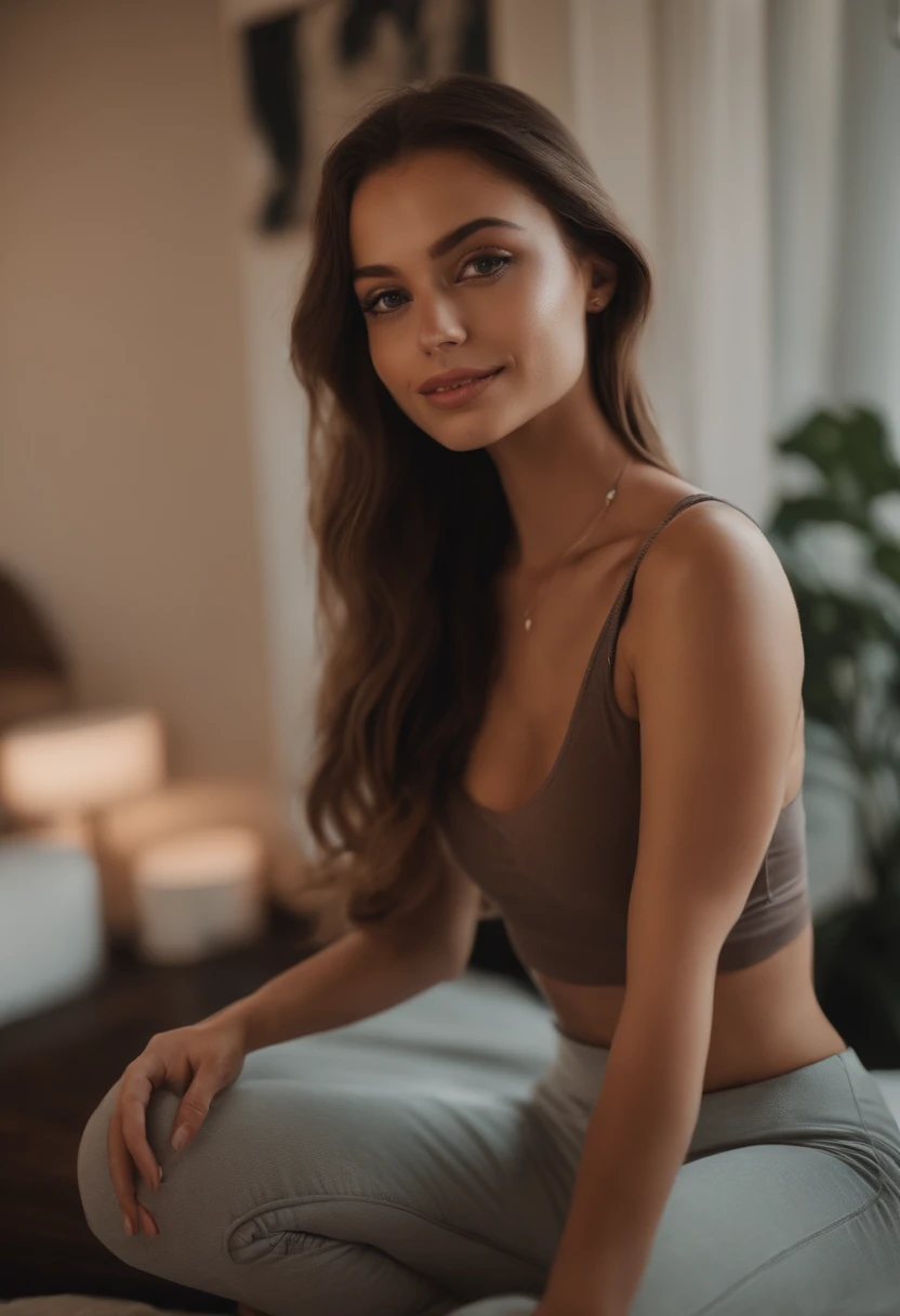 arafat woman in matching sportwear, sexy girl with brown eyes, portrait Sophie Mudd, brown hair and big eyes, young woman selfie, bedroom eyes, purple myers, no makeup, natural makeup, looking directly into the camera, face with artgram, subtle makeup, stunning full body shot , in a gym, cleavage