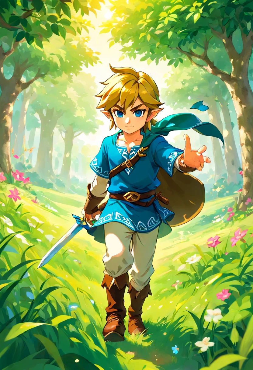 Um menino com cabelos loiros e orelhas pontiagudas, wearing a green hat and a blue tunic, segurando uma espada e um escudo, Standing in a vast green field filled with tall grass and blooming flowers, surrounded by lush trees. The boy has intense blue eyes and a determined expression on his face. Sunlight filters through the leaves of trees, casting a warm, vibrant glow on the scene. The atmosphere is full of a sense of adventure and excitement. The artwork is created using traditional painting techniques, com cores vibrantes e pinceladas intrincadas. The details are highly realistic, capturando cada detalhe intrincado do rosto do menino e do ambiente ao redor. The painting has high resolution and is meticulously crafted, showing the artist's skill and attention to detail. The style of the work recalls classic fantasy illustrations, with a touch of modern aesthetics. The color palette is rich and vibrant, com foco em verdes exuberantes e azuis brilhantes, creating a sense of wonder and wonder. The lighting in the painting is soft and warm, criando um ambiente acolhedor e convidativo. The overall composition of the work is balanced and visually pleasing, com um forte ponto focal sobre o menino e a natureza circundante.