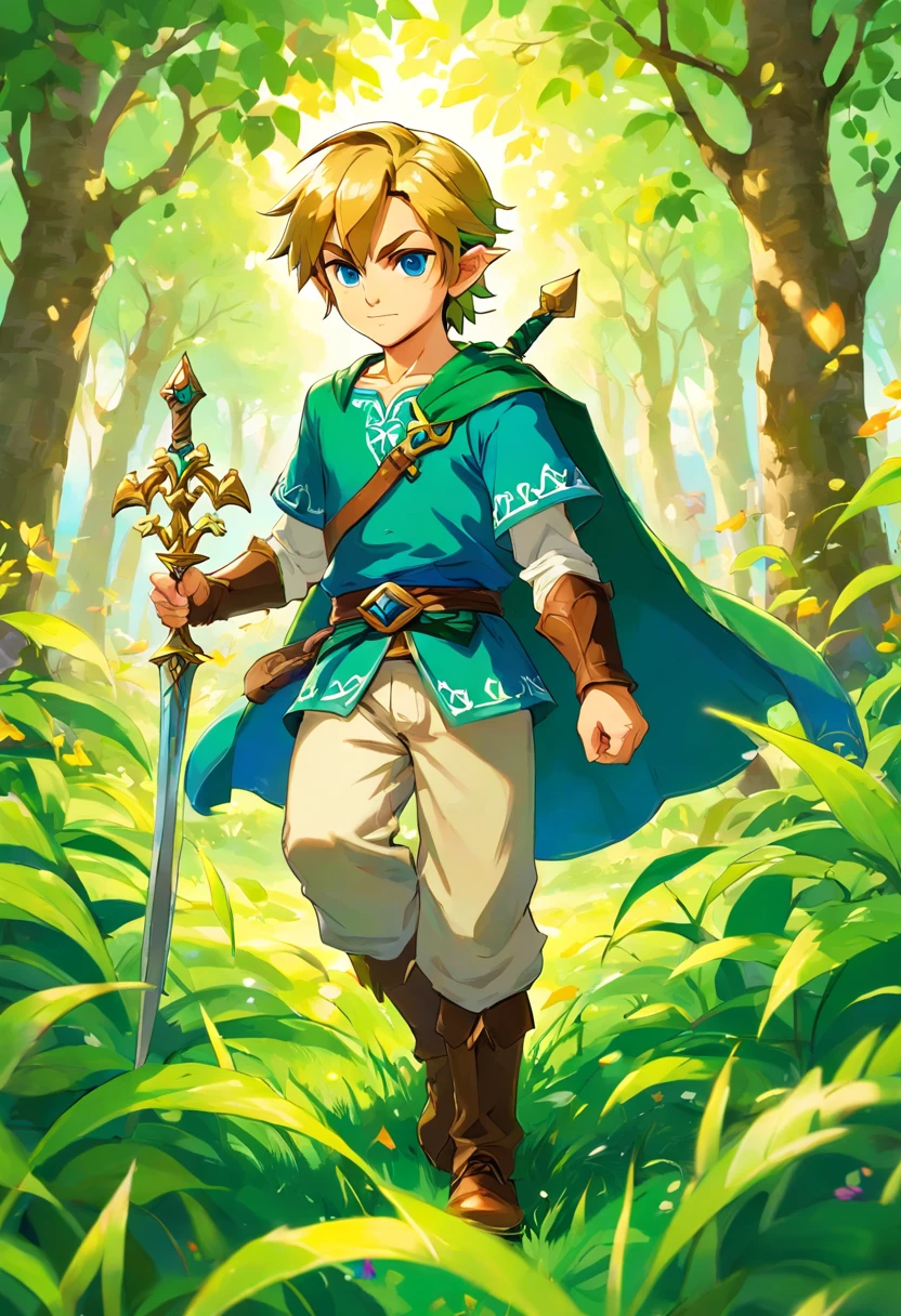Um menino com cabelos loiros e orelhas pontiagudas, wearing a green hat and a blue tunic, segurando uma espada e um escudo, Standing in a vast green field filled with tall grass and blooming flowers, surrounded by lush trees. The boy has intense blue eyes and a determined expression on his face. Sunlight filters through the leaves of trees, casting a warm, vibrant glow on the scene. The atmosphere is full of a sense of adventure and excitement. The artwork is created using traditional painting techniques, com cores vibrantes e pinceladas intrincadas. The details are highly realistic, capturando cada detalhe intrincado do rosto do menino e do ambiente ao redor. The painting has high resolution and is meticulously crafted, showing the artist's skill and attention to detail. The style of the work recalls classic fantasy illustrations, with a touch of modern aesthetics. The color palette is rich and vibrant, com foco em verdes exuberantes e azuis brilhantes, creating a sense of wonder and wonder. The lighting in the painting is soft and warm, criando um ambiente acolhedor e convidativo. The overall composition of the work is balanced and visually pleasing, com um forte ponto focal sobre o menino e a natureza circundante.