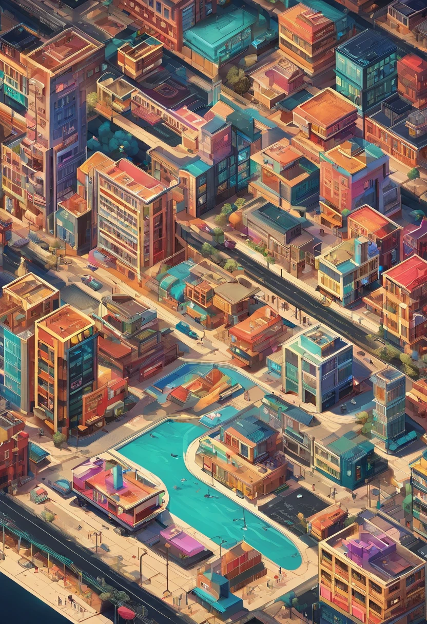 Absurdo, best quality, fantasia, isometric, Knolling estilo de (Cidade urbana, noite, escura, letreiro neon), rua, Sombras, darkeness, (fundo simples ceu escuro)