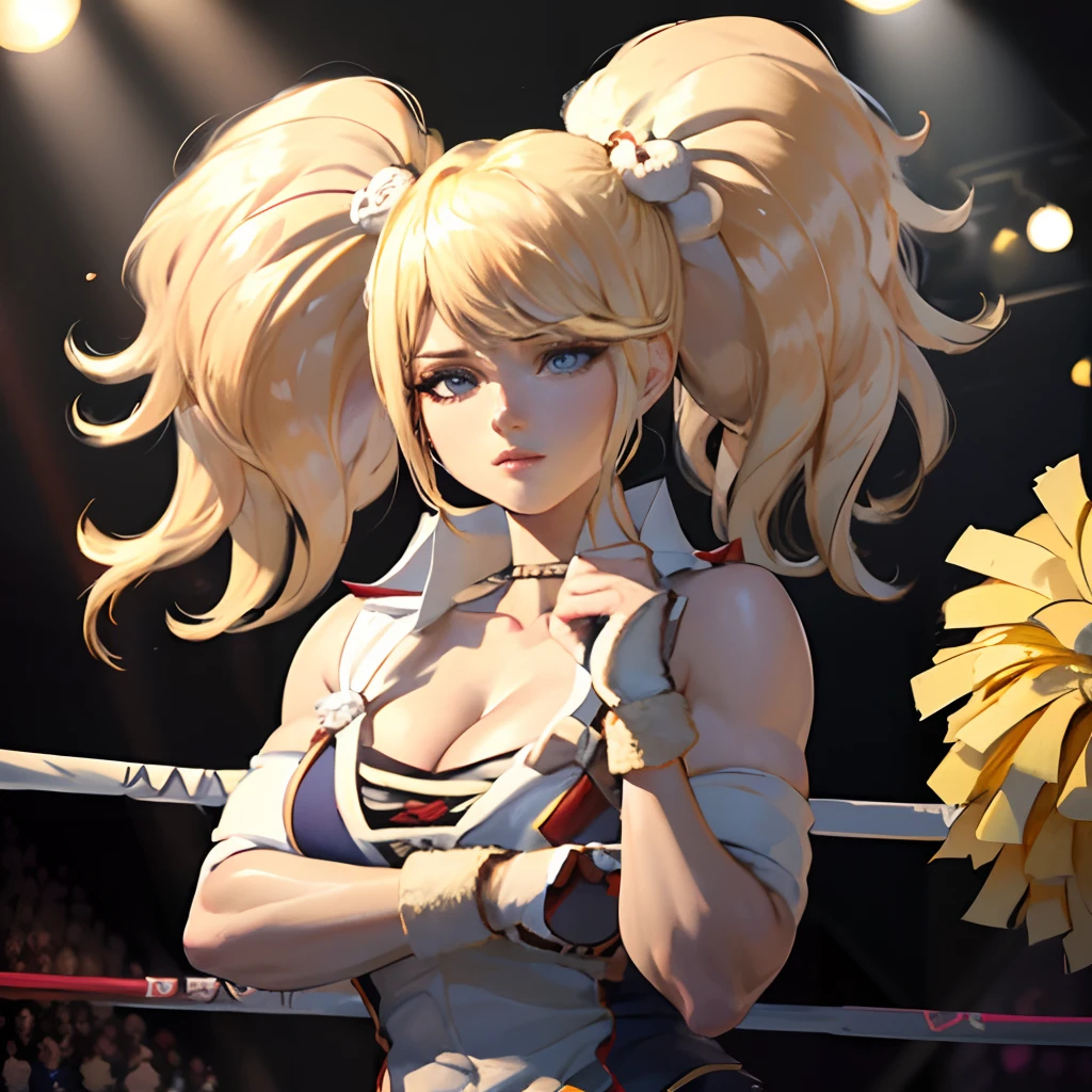 masterpiece, best quality, realistic, photorealistic, masterpiece, best quality, high quality, detail, highres, absurdres, muscular biceps, ((((short blonde hair)))), Blue Eyes, ((shoulder length side pigtails)), C-cup breasts, white and red cheerleader outfit, (((((solo))))), (((((SFW))))), (((seductive))), (((sexy))), ((in wrestling ring)), ((holding cheerleader pom pom)), (gold lights).