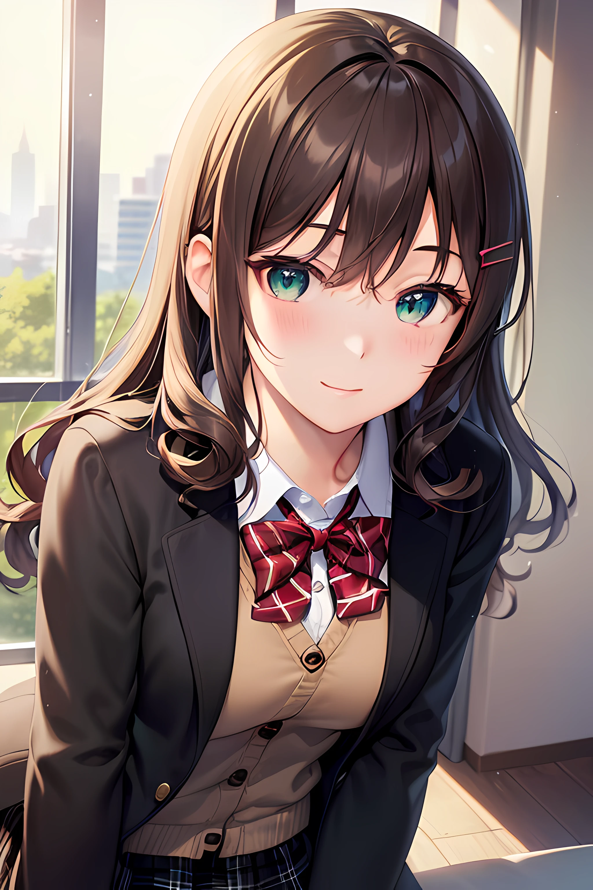 ((masterpiece, best quality, highres, UHD, perfect pixel, depth of field, 4k, RTX, HDR))), 1girl, single, solo, beautiful anime girl, beautiful artstyle, anime character, ((long hair, bangs, dark brown hair, hair pin, curly hair)), ((green eyes:1.4, detailed eyes, beautiful eyes, perfect eyes,curly eyelashes, realistic eyes)), ((detailed face, blushing:1.2)), ((smooth texture:0.75, realistic texture:0.5, anime CG style)), medium breasts, ((dynamic angle, close up, POV)), perfect body, ((red bowtie, school uniform, black jacket, open jacket, brown cardigan, white shirt, black skirt, plaid skirt)), smile, leaning forward, amusement park