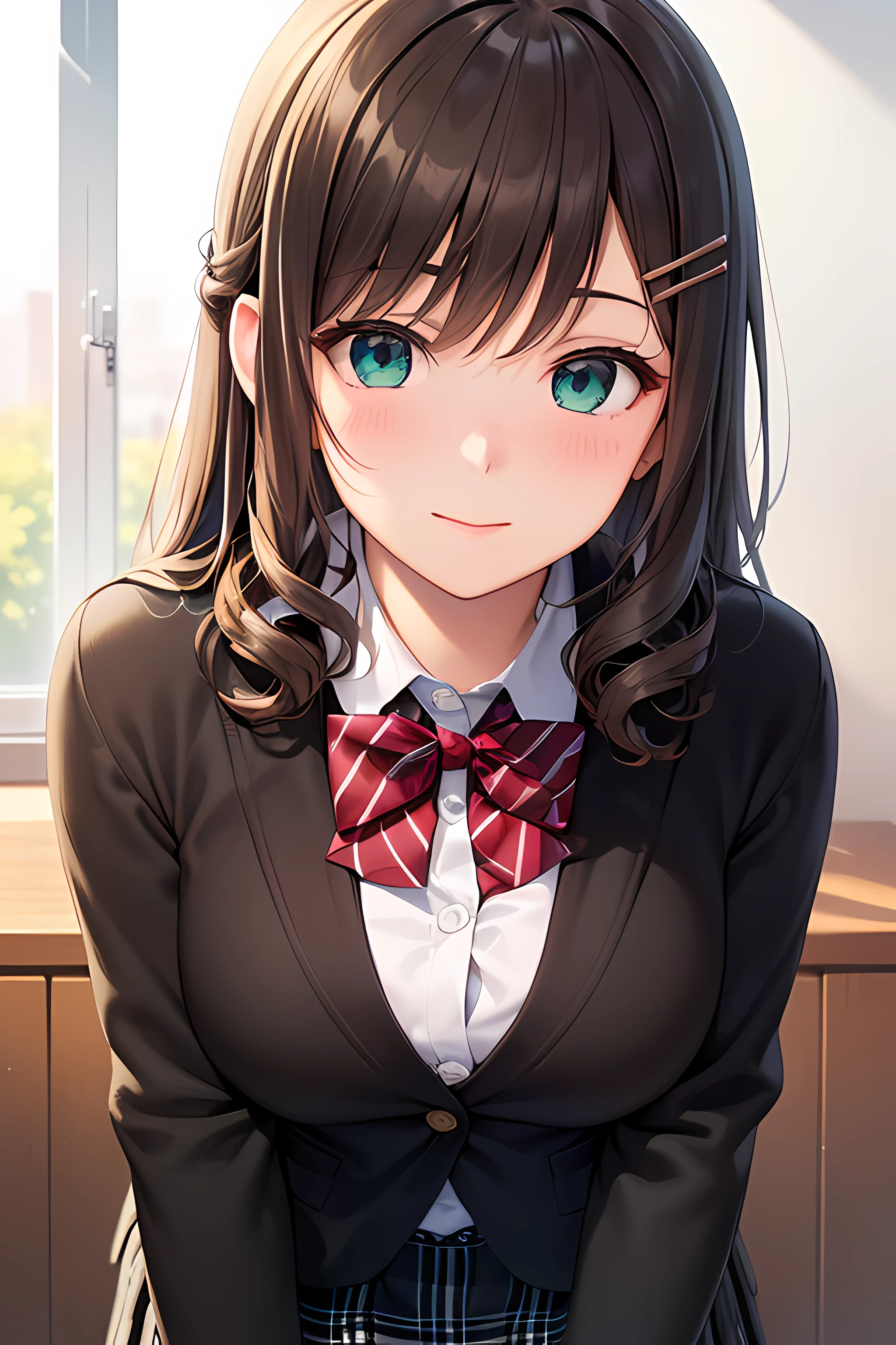 ((masterpiece, best quality, highres, UHD, perfect pixel, depth of field, 4k, RTX, HDR))), 1girl, single, solo, beautiful anime girl, beautiful artstyle, anime character, ((long hair, bangs, dark brown hair, hair pin, curly hair)), ((green eyes:1.4, detailed eyes, beautiful eyes, perfect eyes,curly eyelashes, realistic eyes)), ((detailed face, blushing:1.2)), ((smooth texture:0.75, realistic texture:0.5, anime CG style)), medium breasts, ((dynamic angle, close up, POV)), perfect body, ((red bowtie, school uniform, black jacket, open jacket, brown cardigan, white shirt, black skirt, plaid skirt)), smile, leaning forward, amusement park