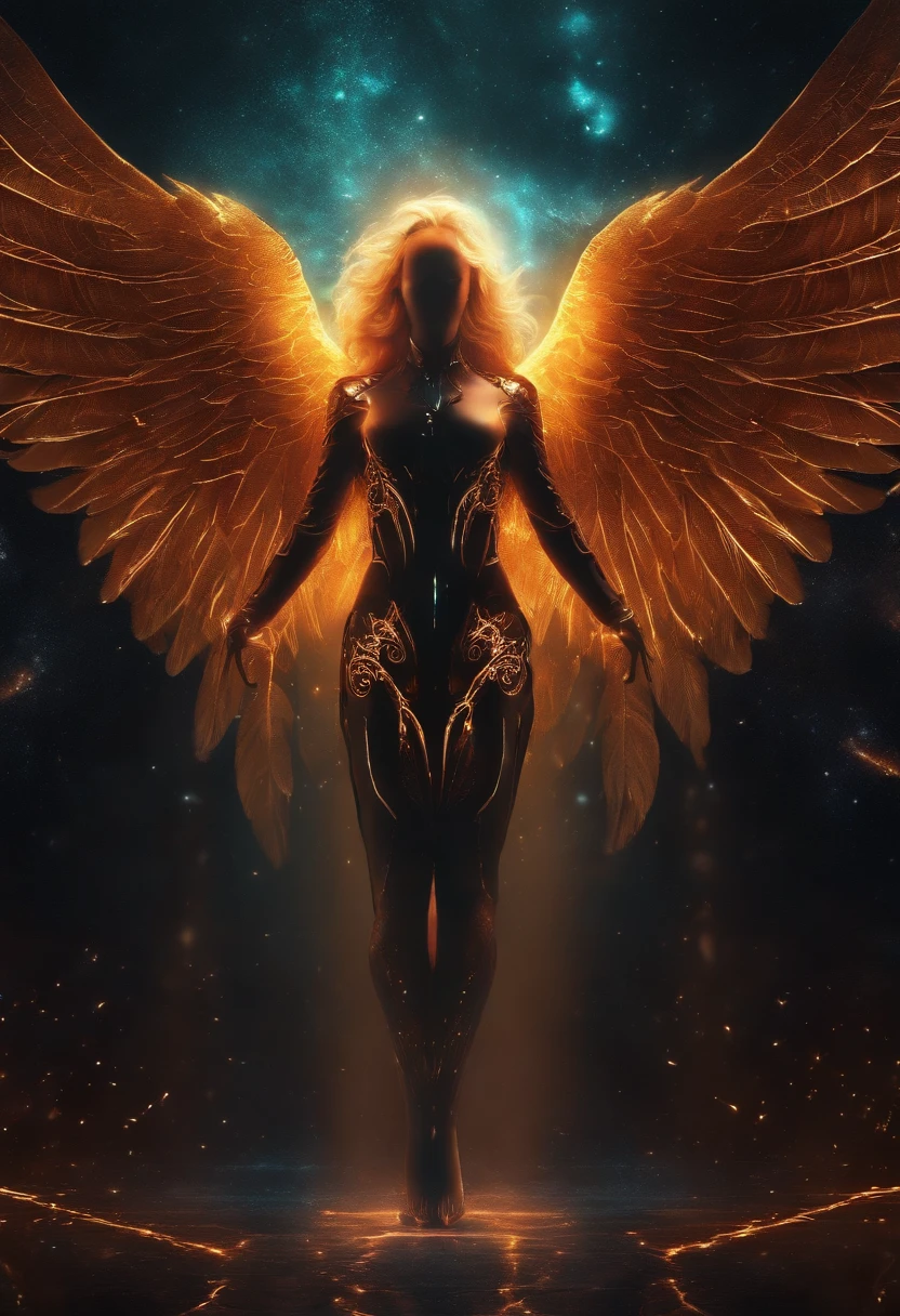 Cosmic Fallen Angel, glowing light eyes, Biomechanical, eerie, Creepy, nightmarish, Very bright colors, Light particles, with light glowing, Mshiff, wallpaper art, UHD wallpaper,CCTV CAMERA FACE